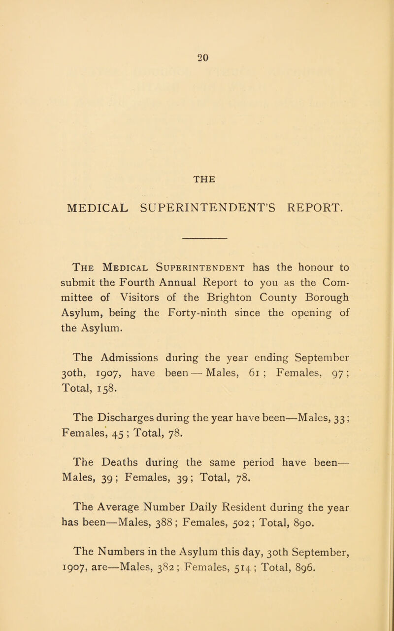 THE MEDICAL SUPERINTENDENT’S REPORT. The Medical Superintendent has the honour to submit the Fourth Annual Report to you as the Com¬ mittee of Visitors of the Brighton County Borough Asylum, being the Forty-ninth since the opening of the Asylum. The Admissions during the year ending September 30th, 1907, have been—Males, 61; Females, 97; Total, 158. The Discharges during the year have been—Males, 33; Females, 45 ; Total, 78. The Deaths during the same period have been— Males, 39; Females, 39; Total, 78. The Average Number Daily Resident during the year has been—Males, 388; Females, 502; Total, 890. The Numbers in the Asylum this day, 30th September, 1907, are—Males, 382; Females, 514; Total, 896.