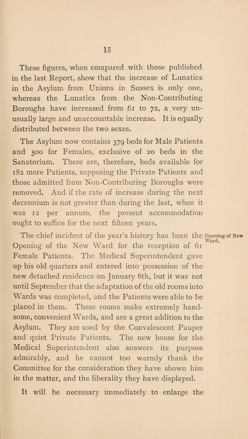 These figures, when compared with those published in the last Report, show that the increase of Lunatics in the Asylum from Unions in Sussex is only one, whereas the Lunatics from the Non-Contributing Boroughs have increased from 61 to 72, a very un¬ usually large and unaccountable increase. It is equally distributed between the two sexes. The Asylum now contains 379 beds for Male Patients and 500 for Females, exclusive of 20 beds in the Sanatorium. There are, therefore, beds available for 182 more Patients, supposing the Private Patients and those admitted from Non-Contributing Boroughs were removed. And if the rate of increase during the next decennium is not greater than during the last, when it was 12 per annum, the present accommodation ought to suffice for the next fifteen years. The chief incident of the year’s history has been the Opening of New Ward. Opening of the New Ward for the reception of 61 Female Patients. The Medical Superintendent gave up his old quarters and entered into possession of the new detached residence on January 6th, but it was not until September that the adaptation of the old rooms into Wards was completed, and the Patients were able to be placed in them. These rooms make extremely hand¬ some, convenient Wards, and are a great addition to the Asylum. They are used by the Convalescent Pauper and quiet Private Patients. The new house for the Medical Superintendent also answers its purpose admirably, and he cannot too warmly thank the Committee for the consideration they have shown him in the matter, and the liberality they have displayed. It will be necessary immediately to enlarge the