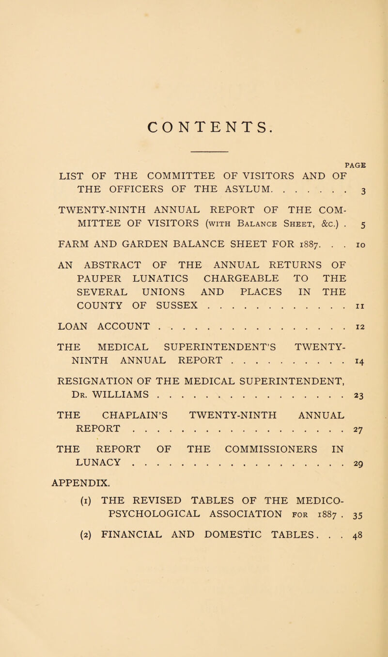 CONTENTS PAGE LIST OF THE COMMITTEE OF VISITORS AND OF THE OFFICERS OF THE ASYLUM.3 TWENTY-NINTH ANNUAL REPORT OF THE COM¬ MITTEE OF VISITORS (with Balance Sheet, &c.) . 5 FARM AND GARDEN BALANCE SHEET FOR 1887. . . 10 AN ABSTRACT OF THE ANNUAL RETURNS OF PAUPER LUNATICS CHARGEABLE TO THE SEVERAL UNIONS AND PLACES IN THE COUNTY OF SUSSEX.n LOAN ACCOUNT.12 THE MEDICAL SUPERINTENDENT’S TWENTY- NINTH ANNUAL REPORT.14 RESIGNATION OF THE MEDICAL SUPERINTENDENT, Dr. WILLIAMS.23 THE CHAPLAIN’S TWENTY-NINTH ANNUAL REPORT.27 THE REPORT OF THE COMMISSIONERS IN LUNACY.29 APPENDIX. (1) THE REVISED TABLES OF THE MEDICO- PSYCHOLOGICAL ASSOCIATION for 1887 . 35