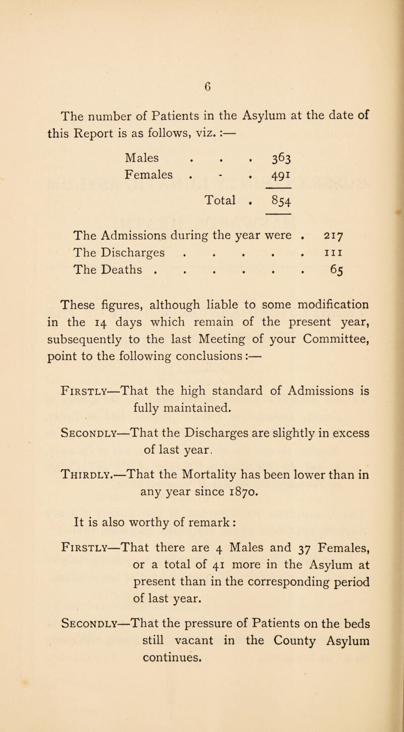 The number of Patients in the Asylum at the date of this Report is as follows, viz.:— Males . . . 363 Females . - . 491 Total . 854 The Admissions during the year were . 217 The Discharges . . . . .111 The Deaths ...... 65 These figures, although liable to some modification in the 14 days which remain of the present year, subsequently to the last Meeting of your Committee, point to the following conclusions :— Firstly—That the high standard of Admissions is fully maintained. Secondly—That the Discharges are slightly in excess of last year. Thirdly.—That the Mortality has been lower than in any year since 1870. It is also worthy of remark : Firstly—That there are 4 Males and 37 Females, or a total of 41 more in the Asylum at present than in the corresponding period of last year. Secondly—That the pressure of Patients on the beds still vacant in the County Asylum continues.