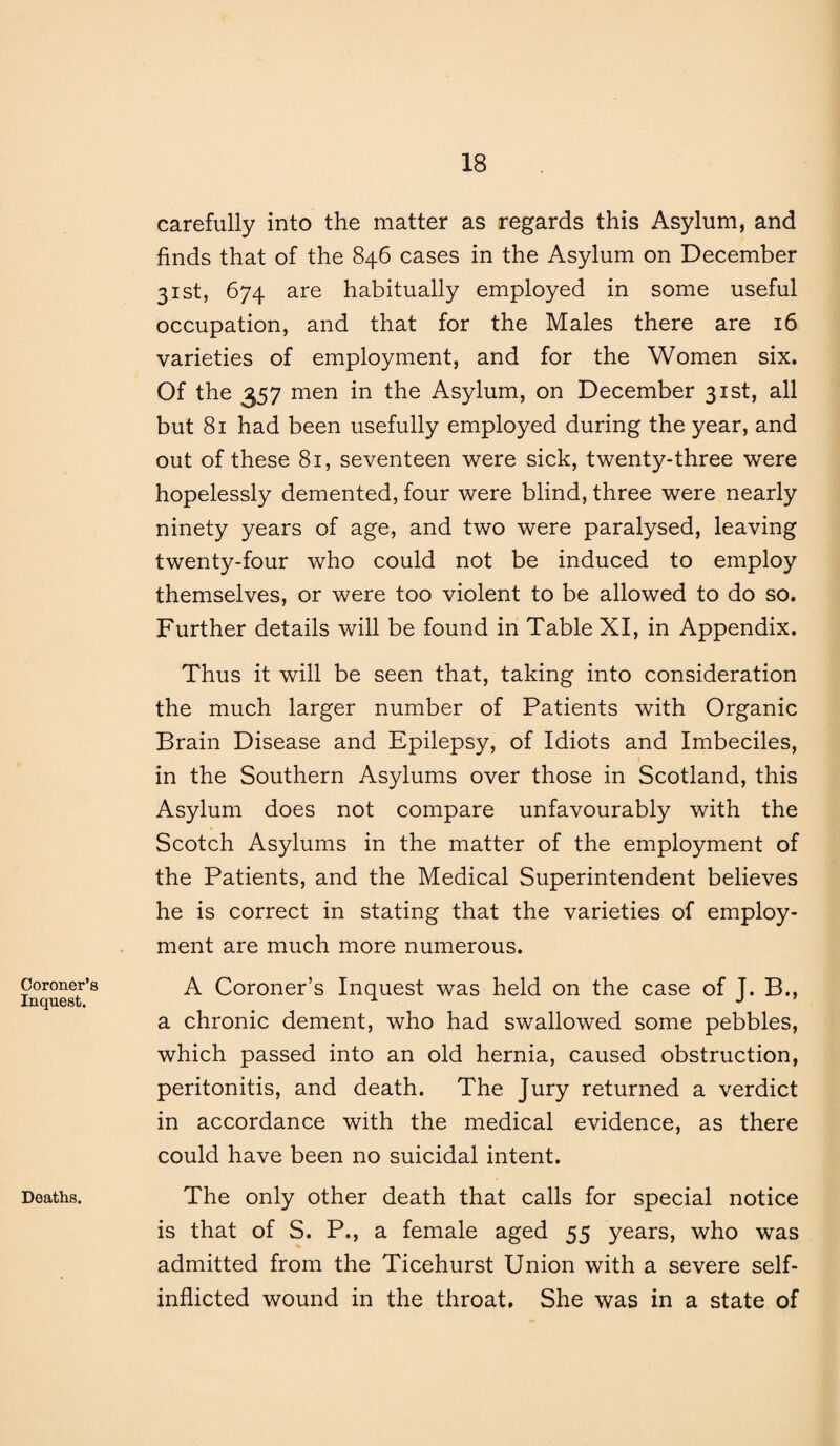 Coroner’s Inquest. Deaths. carefully into the matter as regards this Asylum, and finds that of the 846 cases in the Asylum on December 31st, 674 are habitually employed in some useful occupation, and that for the Males there are 16 varieties of employment, and for the Women six. Of the 357 men in the Asylum, on December 31st, all but 81 had been usefully employed during the year, and out of these 81, seventeen were sick, twenty-three were hopelessly demented, four were blind, three were nearly ninety years of age, and two were paralysed, leaving twenty-four who could not be induced to employ themselves, or were too violent to be allowed to do so. Further details will be found in Table XI, in Appendix. Thus it will be seen that, taking into consideration the much larger number of Patients with Organic Brain Disease and Epilepsy, of Idiots and Imbeciles, in the Southern Asylums over those in Scotland, this Asylum does not compare unfavourably with the Scotch Asylums in the matter of the employment of the Patients, and the Medical Superintendent believes he is correct in stating that the varieties of employ¬ ment are much more numerous. A Coroner’s Inquest was held on the case of J. B., a chronic dement, who had swallowed some pebbles, which passed into an old hernia, caused obstruction, peritonitis, and death. The Jury returned a verdict in accordance with the medical evidence, as there could have been no suicidal intent. The only other death that calls for special notice is that of S. P., a female aged 55 years, who was admitted from the Ticehurst Union with a severe self- inflicted wound in the throat. She was in a state of