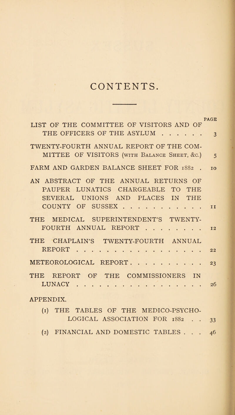 CONTENTS PAGE LIST OF THE COMMITTEE OF VISITORS AND OF THE OFFICERS OF THE ASYLUM. 3 TWENTY-FOURTH ANNUAL REPORT OF THE COM¬ MITTEE OF VISITORS (with Balance Sheet, &c.) 5 FARM AND GARDEN BALANCE SHEET FOR 1882 . 10 AN ABSTRACT OF THE ANNUAL RETURNS OF PAUPER LUNATICS CHARGEABLE TO THE SEVERAL UNIONS AND PLACES IN THE COUNTY OF SUSSEX.11 THE MEDICAL SUPERINTENDENT’S TWENTY- FOURTH ANNUAL REPORT. 12 THE CHAPLAIN’S TWENTY-FOURTH ANNUAL REPORT.22 METEOROLOGICAL REPORT.23 THE REPORT OF THE COMMISSIONERS IN LUNACY.26 APPENDIX. (1) THE TABLES OF THE MEDICO-PSYCHO¬ LOGICAL ASSOCIATION FOR 1882 . . 33