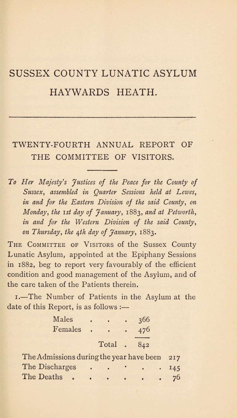 SUSSEX COUNTY LUNATIC ASYLUM HAYWARDS HEATH. TWENTY-FOURTH ANNUAL REPORT OF THE COMMITTEE OF VISITORS. To Her Majesty's Justices of the Peace for the County of Sussex, assembled in Quarter Sessions held at Lewes, in and for the Eastern Division of the said County, on Monday, the ist day of January, 1883, and at Petworth, in and for the Western Division of the said County, on Thursday, the e[th day of January, 1883. The Committee of Visitors of the Sussex County Lunatic Asylum, appointed at the Epiphany Sessions in 1882, beg to report very favourably of the efficient condition and good management of the Asylum, and of the care taken of the Patients therein. 1.—The Number of Patients in the Asylum at the date of this Report, is as follows :— Males . . . 366 Females . . . 476 Total . 842 The Admissions during the year have been 217 The Discharges . 145 The Deaths.76