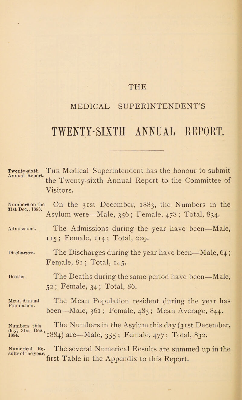 THE MEDICAL SUPERINTENDENT’S TWENTY-SIXTH ANNUAL REPORT. Twenty-sixth The Medical Superintendent has the honour to submit Annual Report. the Twenty-sixth Annual Report to the Committee of Visitors. Numbers on the On the 31st December, 1883, the Numbers in the 31st Dec., 1883. J J Asylum were—Male, 356; Female, 478; Total, 834. Admissions. The Admissions during the year have been—Male, 115 ; Female, 114; Total, 229. Discharges. The Discharges during the year have been—Male, 64 ; Female, 81 ; Total, 145. Deaths. The Deaths during the same period have been—Male, 52; Female, 34; Total, 86. Mean Annual The Mean Population resident during the year has Population. ° been—Male, 361 ; Female, 483 ; Mean Average, 844. Numbers this The Numbers in the Asylum this day (31st December, day, 31st Dec., . , 1884. 1884) are—Male, 355 ; Female, 477; Total, 832. Numerical Re¬ sults of the year. The several Numerical Results are summed up in the first Table in the Appendix to this Report.