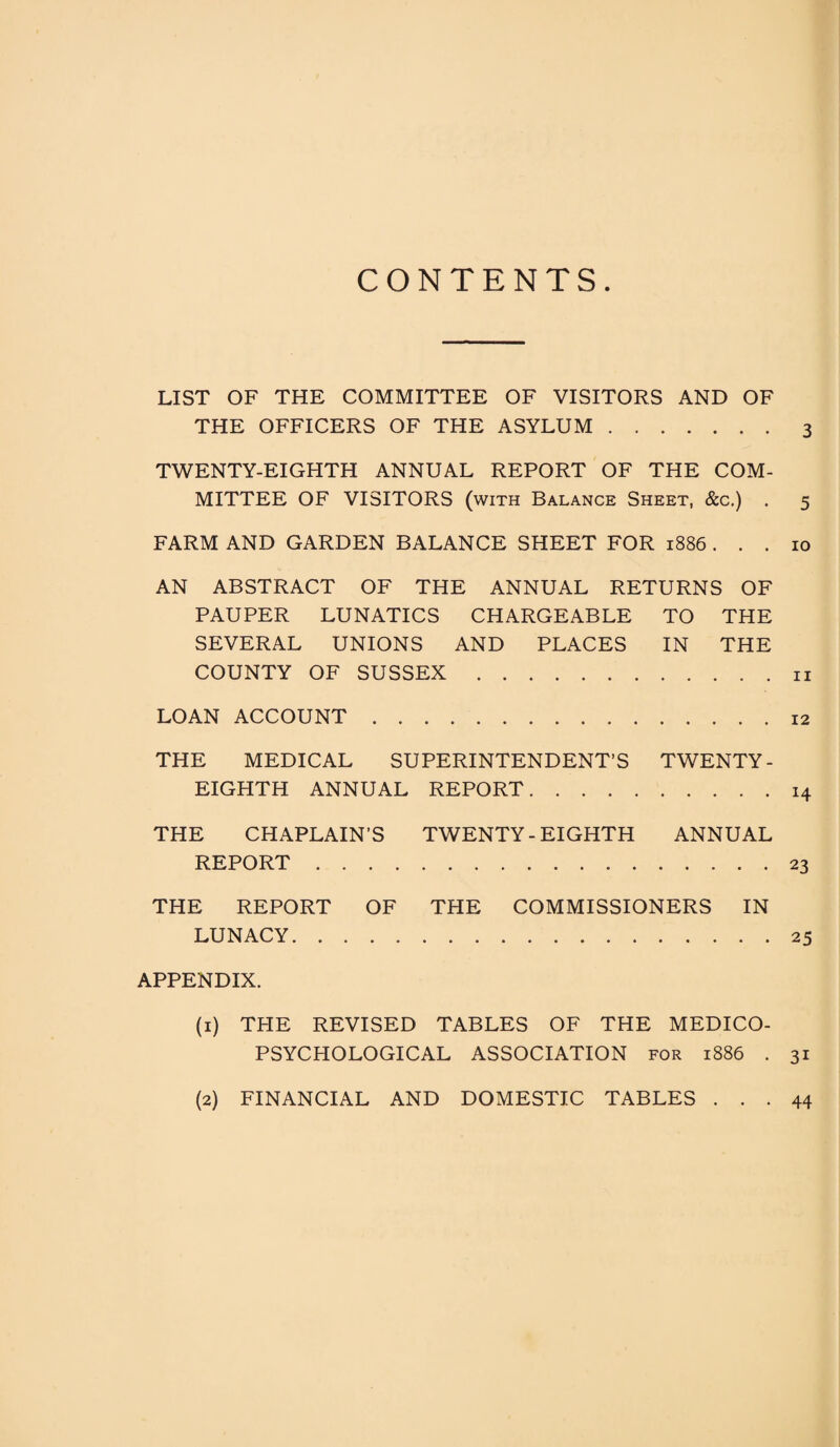 CONTENTS LIST OF THE COMMITTEE OF VISITORS AND OF THE OFFICERS OF THE ASYLUM.3 TWENTY-EIGHTH ANNUAL REPORT OF THE COM¬ MITTEE OF VISITORS (with Balance Sheet, &c.) . 5 FARM AND GARDEN BALANCE SHEET FOR 1886 ... 10 AN ABSTRACT OF THE ANNUAL RETURNS OF PAUPER LUNATICS CHARGEABLE TO THE SEVERAL UNIONS AND PLACES IN THE COUNTY OF SUSSEX.n LOAN ACCOUNT.12 THE MEDICAL SUPERINTENDENT’S TWENTY- EIGHTH ANNUAL REPORT.14 THE CHAPLAIN’S TWENTY-EIGHTH ANNUAL REPORT.23 THE REPORT OF THE COMMISSIONERS IN LUNACY.25 APPENDIX. (1) THE REVISED TABLES OF THE MEDICO- PSYCHOLOGICAL ASSOCIATION for 1886 . 31