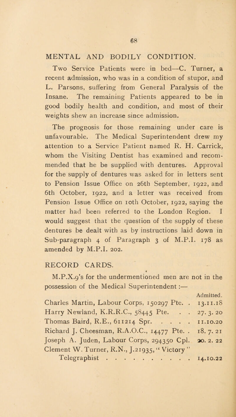 MENTAL AND BODILY CONDITION. Two Service Patients were in bed—C. Turner, a recent admission, who was in a condition of stupor, and L. Parsons, suffering from General Paralysis of the Insane. The remaining Patients appeared to be in good bodily health and condition, and most of their weights shew an increase since admission. The prognosis for those remaining under care is unfavourable. The Medical Superintendent drew my attention to a Service Patient named R. H. Carrick, whom the Visiting Dentist has examined and recom¬ mended that he be supplied with dentures. Approval for the supply of dentures was asked for in letters sent to Pension Issue Office on 26th September, 1922, and 6th October, 1922, and a letter was received from Pension Issue Office on 10th October, 1922, saying the matter had been referred to the London Region. I would suggest that the question of the supply of these dentures be dealt with as by instructions laid down in Sub-paragraph 4 of Paragraph 3 of M.P.I. 178 as amended by M.P.I. 202. RECORD CARDS. « M.P.X.9’s for the undermentioned men are not in the possession of the Medical Superintendent :— Admitted. Charles Martin, Labour Corps, 150297 Pte. . 13.11.18 Harry Newland, K.R.R.C., 58445 Pte. . . 27. 3. 20 Thomas Baird, R.E., 611214 Spr.11.10.20 Richard J. Cheesman, R.A.O.C., 14477 Pte. . 18. 7. 21 Joseph A. Juden, Labour Corps, 294350 Cpl. 20. 2. 22 Clement W. Turner, R.N., J.21935, “ Victory ” Telegraphist 14.10.22