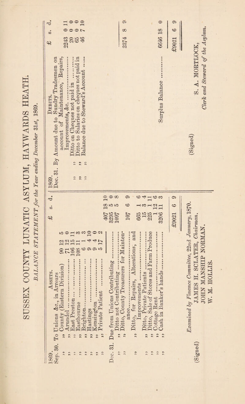 SUSSEX COUNTY LUNATIC ASYLUM, HAYWARDS HEATH. BALANCE STATEMENT for the Year ending December 31s(, 1869. • '73 ( T—1 CQ CO o lo '50 t3H CO rH CM CO CO O CM CM CO 05 o U m 01 ' T? o 01 H t» >5 Pj ® M fl OD §§ S O O S c« W • r*rt • ; .pH • : *1 ° , H O J M O ' &? ^•Sl ^ O ^ O rH ^ O .U f3 -2 o CJI h ■+=’ © c3 CQ CD 2 !=l o a o o O o a ^ 4J eg PPW CD O »—I c3 EQ a & !h ?S a2 . 2p • 'O O O 00 rH 05 CO tH CO CO tH 05 CQ 00 lO iO tH CO ■H CO iH CQ rH tH tH CO t^io t>. iO lO lO 1—1 CO iH (^4 o CO 1—1 CM O CQ tJH CM O CO i-l iH CO CQ CQ CO o C35 lOOi—IC0«5OOC<J t-H r-H rH rH rH i—I rH O'—l'O0D^O505lO 05 t^P O I  W M CD CO o .9 CO l=! O • pH O P i=l o . ^ CG • ^ P i=l © -p ' “ P tc Fl PI © i=l • pH cd u c2 , CQ cd 4-3 a> §2 § § ai« .Op-rH-g Ca 1-1 i- CCi K 01 Jh 0 rQ S O o o<tlpppWMP O o CO o r-H CG •> r> ^ r\ OQ bD® PI 3 C 43 © 2 o PI _o © ® r2 f-i oPh 2 0 >1 Pi o if ©o ^ ■a2 g P§o a o o' ^ -P> -1-3 pP tH »rH ©PP P  CO TJ Pi cS © Pi o » pH cd (D -I-3 p—C <1 cc • pH a:) p u © e2 O g -p oj O I—I ■4^ -44 © O pi O P P a s p >70 d m Pl o3 P QJ “ .2 © a © Pl /-r -2 : r.'“ ft © P nn P a ©S^^ o g O.^ ^ J-H S^Pgq © a ^ be o O .+J -+? .-2 .-a ■§ a PPOQ '.l; © Ki . p] I. pH C3 -J.3 •-' t» P CD 0) P Examined hy Finance Committee^ 22ndi January^ 1870. ('Simed') (Signed) JAMES H. SCLATER, Chairman. S. A. MORTLOCK, JOHN MAN SHIP NORMAN, Cleric and Steward of the Asylum. W. M. HOLLIS.