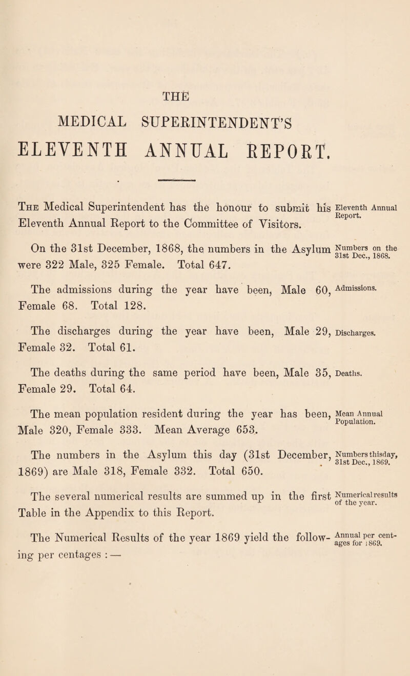 THE MEDICAL SUPEKINTENDENT’S ELEVENTH ANNUAL EEPORT. The Medical Superintendent lias the honour to submit his Eleyenth Annual Eeport to the Committee of Visitors. On the 31st December, 1868, the numbers in the Asylum were 322 Male, 325 Female. Total 647. The admissions during the year have been^ Male 60, Female 68. Total 128. The discharges during the year have been, Male 29, Female 32. Total 61. The deaths during the same period have been, Male 35, Female 29. Total 64. The mean population resident during the year has been, Male 320, Female 333. Mean Average 653. The numbers in the Asylum this day (31st December, 1869) are Male 318, Female 332. Total 650. The several numerical results are summed up in the first Table in the Appendix to this Eeport. The Numerical Eesults of the year 1869 yield the follow¬ ing per centages : — Eleventh Annual Report. Numhers on the 31st Dec., 1868. Admissions. Discharges. Deaths. Mean Annual Population. Numbers thisday, 31st Dec., 1869. Numerical results of the year. Annual per cent¬ ages for 1869.