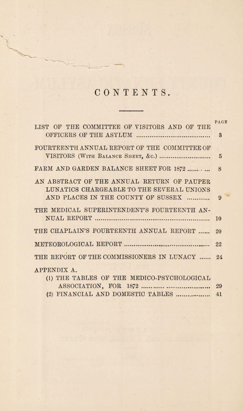 CONTENTS PAGE LIST OF THE COMMITTEE OF VISITORS AND OF THE OFFICERS OF THE ASYLUM . 3 FOURTEENTH ANNUAL REPORT OF THE COMMITTEE OF VISITORS (With Balance Sheet, &c.) . 5 FARM AND GARDEN BALANCE SHEET FOR 1872 . 8 AN ABSTRACT OF THE ANNUAL RETURN OF PAUPER LUNATICS CHARGEABLE TO THE SEVERAL UNIONS AND PLACES IN THE COUNTY OF SUSSEX . 9 ** THE MEDICAL SUPERINTENDENT’S FOURTEENTH AN¬ NUAL REPORT . 10 THE CHAPLAIN’S FOURTEENTH ANNUAL REPORT . 20 METEOROLOGICAL REPORT. 22 THE REPORT OF THE COMMISSIONERS IN LUNACY . 24 APPENDIX A. (1) THE TABLES OF THE MEDICO-PSYCHOLOGICAL ASSOCIATION, FOR 1872 . 29