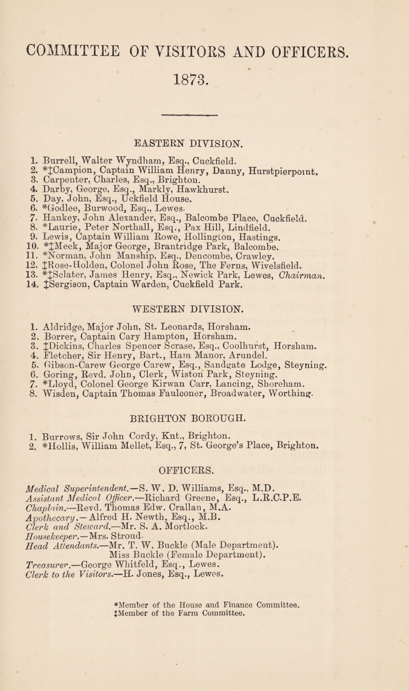 COMMITTEE OF VISITORS AND OFFICERS. 1873. EASTERN DIVISION. 1. Burrell, Walter Wyndham, Esq., Cuckfield. 2. ^JCampion, Captain William Henry, Danny, Hurstpierpomt. 3. Carpenter, Charles, Esq., Brighton. 4. Darby, George, Esq., Markly, Hawkhurst. 6. Day, John, Esq., Uckfield House. 6. #Godlee, Burwood, Esq., Lewes. 7. Hankey, John Alexander, Esq., Balcombe Place, Cuckfield. 8. *Laurie, Peter Northall, Esq., Pax Hill, Lindfield. 9. Lewis, Captain William Howe, Hollingion, Hastings. 10. #£Meek, Major George, Brantridge Park, Balcombe. 11. *Norman, John Manship, Esq., Dencombe, Crawley. 12. £Rose-Holden, Colonel John Rose, The Ferns, Wivelsfield. 13. *£Sclater, James Henry, Esq., Newick Park, Lewes, Chairman. 14. JSergison, Captain Warden, Cuckfield Park. WESTERN DIVISION. 1. Aldridge, Major John, St. Leonards, Horsham. 2. Borrer, Captain Cary Hampton, Horsham. 3. JDickins, Charles Spencer Scrase, Esq., Coolhurst, Horsham. 4. Fletcher, Sir Henry, Bart., Ham Manor, Arundel. 5. Gibson-Carew George Carew, Esq., Sandgate Lodge, Steyning. 6. Goring, Revd. John, Clerk, Wiston Park, Steyning. 7. #Lloyd, Colonel George Kirwan Carr, Lancing, Shoreham. 8. Wisden, Captain Thomas Faulconer, Broadwater, Worthing. BRIGHTON BOROUGH. 1. Burrows, Sir John Cordy, Knt., Brighton. 2. * Hollis, William Mellet, Esq., 7, St. George’s Place, Brighton. OFFICERS. Medical Superintendent.—S. W. D. Williams, Esq., M.D. Assistant Medical Officer.—Richard Greene, Esq., L.R.C.P.E. Chaplain.—Revd. Thomas Edw. Crallan, M.A. ApothecaryAlfred H. Newth, Esq., M.B. Clerk and Steward.—Mr. S. A. Mortlock. Housekeeper.—Mrs. Stroud- Head Attendants.—Mr. T. W. Buckle (Male Department). Miss Buckle (Female Department). Treasurer.—George Whitfeld, Esq., Lewes. Clerk to the Visitors.—H. Jones, Esq., Lewes. ^Member of the House ancl Finance Committee. JMember of the Farm Committee.