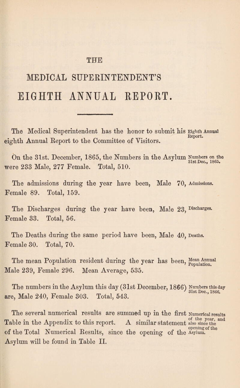 THE MEDICAL SUPERINTENDENT’S EIGHTH ANNUAL REPORT. The Medical Superintendent has the honor to submit his Eighth Annual Report. eighth Annual Eeport to the Committee of Visitors. On the 31st. December, 1865, the Numbers in the Asylum Numbers on the ’ ’ 31st Dec., 1865. were 233 Male, 277 Female. Total, 510. The admissions during the year have been, Male 70, Admissions. Female 89. Total, 159. The Discharges during the year have been, Male 23, i^ischarges. Female 33. Total, 56. The Deaths during the same period have been, Male 40, Deaths. Female 30. Total, 70. The mean Population resident during the year has been, Male 239, Female 296. Mean Average, 535. The numbers in the Asylum this day (31st December, 18661 Numbers tws day ^ ^ 31st Dec., 1866. are, Male 240, Female 303. Total, 543. The several numerical results are summed up in the first Numerical results Table in the Appendix to this report. A similar statement also sinlethe of the Total Numerical Eesults, since the opening of the AsyS.° ^