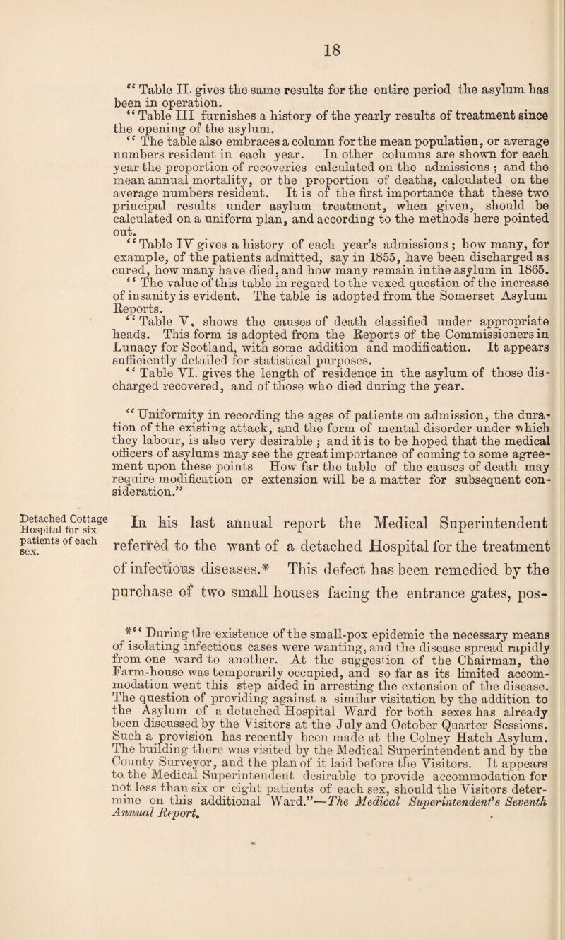 Detached Cottage Hospital for six patients of each sex. ** Table II- gives tbe same results for tbe entire period tbe asylum has been in operation. ‘ ‘ Table III furnishes a history of the yearly results of treatment since the opening of the asylum. “ The table also embraces a column for the mean population, or average numbers resident in each year. In other columns are shown for each year the proportion of recoveries calculated on the admissions ; and the mean annual mortality, or the proportion of deaths, calculated on the average numbers resident. It is of the first importance that these two principal results under asylum treatment, when given, should be calculated on a uniform plan, and according to the methods here pointed out. “Table IV gives a history of each year’s admissions ; how many, for example, of the patients admitted, say in 1855, have been discharged as cured, how many have died, and how many remain inthe asylum in 1865. ‘ ‘ The value of this table in regard to the vexed question of the increase of insanity is evident. The table is adopted from the Somerset Asylum Reports. “Table V. shows the causes of death classified under appropriate heads. This form is adopted from the Reports of the Commissioners in Lunacy for Scotland, with some addition and modification. It appears sufficiently detailed for statistical purposes. “ Table VI. gives the length of residence in the asylum of those dis¬ charged recovered, and of those who died during the year. “ Uniformity in recording the ages of patients on admission, the dura¬ tion of the existing attack, and the form of mental disorder under which they labour, is also very desirable ; and it is to be hoped that the medical ofiicers of asylums may see the great importance of coming to some agree¬ ment upon these points How far the table of the causes of death may require modification or extension will be a matter for subsequent con¬ sideration.” In Ms last annual report the Medical Superintendent referred to the want of a detached Hospital for the treatment of infectious diseases.^ This defect has been remedied by the purchase of two small houses facing the entrance gates, pos- During the existence of the small-pox epidemic the necessary means of isolating infectious cases were wanting, and the disease spread rapidly from one ward to another. At the suggestion of the Chairman, the Farm-house was temporarily occupied, and so far as its limited accom¬ modation went this step aided in arresting the extension of the disease. The question of providing against a similar visitation by the addition to the Asylum of a detached Hospital Ward for both sexes has already been discussed by the Visitors at the July and October Quarter Sessions. Such a provision has recently been made at the Colney Hatch Asylum. The building there was visited by the Medical Superintendent and by the County Surveyor, and the plan of it laid before the Visitors. It appears to. the Medical Superintendent desirable to provide accommodation for not less than six or eight patients of each sex, should the Visitors deter¬ mine on this additional Ward.”—The Medical Superintendent’s Seve'uth Annual Report,