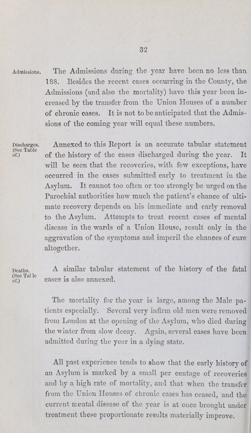 Admissions. Discharges. (See Table of.) Deaths. (See Tat le of.) The Admissions during the year have been no less than 188. Besides the recent cases occurring in the County, the Admissions (and also the mortality) have this year been in¬ creased by the transfer from the Union Houses of a number of chronic cases. It is not to be anticipated that the Admis¬ sions of the coming year will equal these numbers. Annexed to this Report is an accurate tabular statement of the history of the cases discharged during the year. It will be seen that the recoveries, with few exceptions, have occurred in the cases submitted early to treatment in the Asylum. It cannot too often or too strongly be urged on the Parochial authorities how much the patient’s chance of ulti¬ mate recovery depends on his immediate and early removal to the Asylum, Attempts to treat recent cases of mental disease in the wards of a Union House, result only in the aggravation of the symptoms and imperil the chances of cure altogether. A similar tabular statement of the history of the fatal cases is also annexed. The mortality for the year is large, among the Male pa¬ tients especially. Several very infirm old men were removed from London at the opening of the Asylum, who died during the winter from slow decay. Again, several cases have been admitted during the year in a dying state. All past experience tends to show that the early history of an Asylum is marked by a small per centage of recoveries and by a high rate of mortality, and that when the transfer from the Union Houses of chronic cases has ceased, and the current mental disease of the year is at once brought under treatment these proportionate results materially improve.
