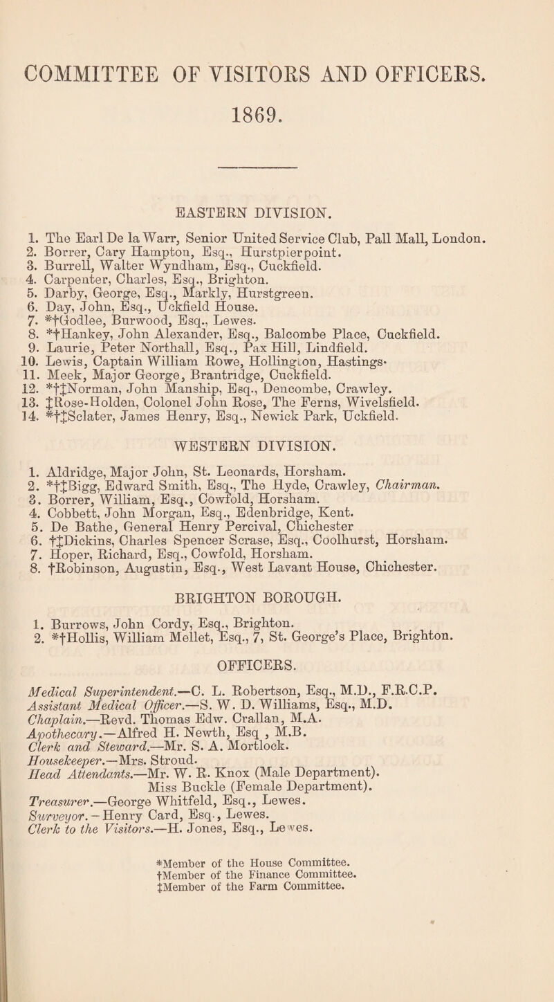 COMMITTEE OF VISITORS AND OFFICERS. 1869. EASTERN DIYISION. 1. The EarlDe laWarr, Senior United Service Club, Pall Mall, London. 2. Borrer, Cary Hampton, Esq., Hurstpierpoint. 3. Burrell, Walter Wyndham, Esq., Cuckfield. 4. Carpenter, Charles, Esq., Brighton. 5. Darby, George, Esq., Markly, Hurstgreen. 6. Day, John, Esq., Uckfield House. 7- ^fGodlee, Burwood, Esq., Lewes. 8. *tHankey, John Alexander, Esq., Balcombe Place, Cuckfield. 9. Laurie, Peter Northall, Esq., Pax Hill, Lindfield. 10. Lewis, Captain William Rowe, Hollington, Hastings* 11. Meek, Major George, Brantridge, Cuckfield. 12. *tJNorman, John Manship, Esq., Dencombe, Crawley. 13. JRose-Holden, Colonel John Rose, The Perns, Wivelsfield. 14. ^tJSclater, James Henry, Esq., Newick Park, Uckfield. WESTERN DIYISION. 1. Aldridge, Major John, St. Leonards, Horsham. 2. *t+Biggi Edward Smith, Esq., The Hyde, Crawley, Chairman. 3. Borrer, William, Esq., Cowfold, Horsham. 4. Cobbett, John Morgan, Esq., Edenbridge, Kent. 6. De Bathe, General Henry Percival, Chichester 6. tJDickins, Charles Spencer Scrase, Esq., Coolhurst, Horsham. 7. Hoper, Richard, Esq., Cowfold, Horsham. k tRobinson, Augustin, Esq., West Lavant House, Chichester. BRIGHTON BOROUGH. 1. Burrows, John Cordy, Esq., Brighton. 2. ^fHollis, William Mellet, Esq., 7, St. George’s Place, Brighton. OFFICERS. Medical Superintendent.—C. L. Robertson, Esq., M.D., P.R.C.P. Assistant Medical Officer.—S. W. D. Williams, Esq., M.D. Chaplain.—Revd. Thomas Edw. Crallan, M.A. Apothecary.—Alfred H. Newth, Esq , M.B. Clerk and Steward.—Mr. S. A. Mortlock. Housekeeper.—Mrs. Stroud. Head Attendants.—M.v. W. R. Knox (Male Department). Miss Buckle (Female Department). Treasurer.—George Whitfeld, Esq., Lewes. Surveyor. — Henry Card, Esq-, Lewes. Clerk to the Visitors.—H. Jones, Esq., Lewes. *Meinl»er of the House Committee. tMember of the Finance Committee. JMember of the Farm Committee.