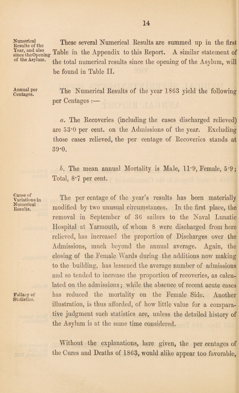 Numerical Results of the Year, and also since the Opening of the Asylum. Annual per Centages. Cause of Variations in Numerical Results. Fallacy of Statistics. These several Numerical Kesults are summed up in the first Table in the Appendix to this Report. A. similar statement of the total numerical results since the opening of the Asylum, will be found in Table II. The Numerical Kesults of the year 1863 yield the following per Centages :— a. The Recoveries (including the cases discharged relieved) are 53‘0 per cent, on the Admissions of the year. Excluding those cases relieved, the per centage of Recoveries stands at 39*0. 5. The mean annual Mortality is Male, 11 ’9, Remale, 5‘9; Total, 8*7 per cent. The per centage of the year’s results has been materially modified by two unusual circumstances. In the first place, the removal in September of 36 sailors to the Naval Lunatic Hospital at Yarmouth, of whom 8 were discharged from here relieved, has increased the proportion of Discharges over the Admissions, much beyond the annual average. Again, the closing of the Demale Wards during the additions now making to the building, has lessened the average number of admissions and so tended to increase the proportion of recoveries, as calcu¬ lated on the admissions; while the absence of recent acute cases has reduced the mortality on the Demale Side. Another illustration, is thus afforded, of how little value for a compara¬ tive judgment such statistics are, unless the detailed history of the Asylum is at the same time considered. Without the explanations, here given, the per centages of the Cures and Deaths of 1863, would alike appear too favorable,