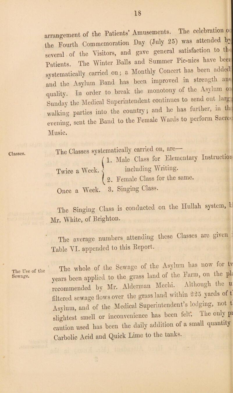 arrangement of the Patients’ Amusements. The celebration o. the Fourth Commemoration Day (July 25) was attended b; several of the Visitors, and gave general satisfaction to tb Patients. The Winter Balls and Summer Pic-nics have beei systematically carried on; a Monthly Concert lias been added! and the Asylum Band has been improved in strength an. quality. In order to break the monotony of the Asylum oi Sunday the Medical Superintendent continues to send out. nu'g: walking parties into the country; and lie has further, in thi evening, sent the Band to the Female Wards to perform Sucre. Music. The Classes systematically carried on, are (1. Male Class for Elementary Instruction Twice a Week. j including Writing. I 2. Eernale Class for the same. Once a Week. 3. Singing Class. The Singing Class is conducted on the Hullah system, l Mr. White, of Brighton. The average numbers attending these Classes are given : Table YI. appended to this Report. The Use of the Sewage. The whole of the Sewage of the Asylum has now for tv years been applied to the grass land of the Parra, on the ph recommended by Mr. Alderman Meclii. Although the u filtered sewage flows over the grass land within 225 yards of t Asylum, and of the Medical Superintendent’s lodging, not t slightest smell or inconvenience has been felt. The only pi caution used has been the daily addition of a small quantity Carbolic Acid and Quick Lime to the tanks.