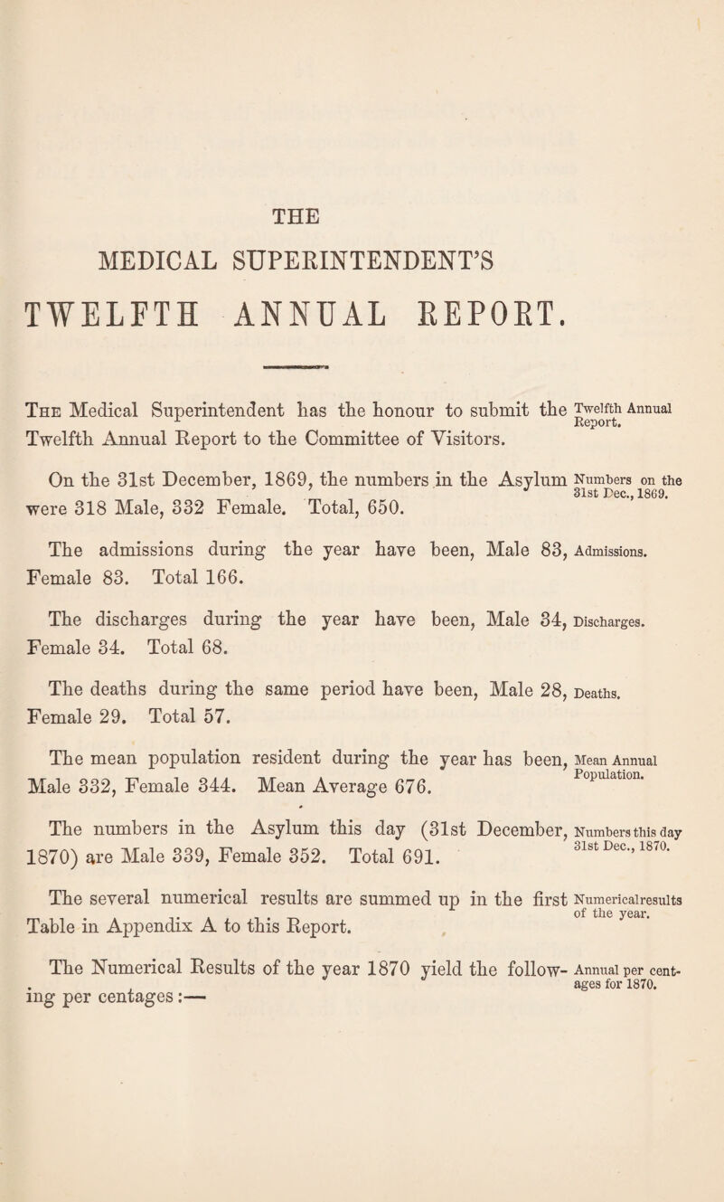 THE MEDICAL SUPERINTENDENT’S TWELFTH ANNUAL EEPOET. The Medical Superiiitendent lias the honour to submit the Annual Twelfth Annual Report to the Committee of Visitors. On the 31st December, 1869, the numbers in the Asylum Numbers on the ^ 31st Dec. 1869 were 318 Male, 332 Female. Total, 650. The admissions during the year have been, Male 83, Admissions. Female 83. Total 166. The discharges during the year have been, Male 34, Discharges. Female 34. Total 68. The deaths during the same period have been, Male 28, Deaths. Female 29. Total 57. The mean population resident during the year has been. Mean Annual Male 332, Female 344. Mean Average 676. Population. The numbers in the Asylum this day (31st December, Numbers this day 1870) are Male 339, Female 352. Total 691. sist Dec., wo. The several numerical results are summed up in the first Numericairesuits . of the year. Table in Appendix A to this Report. The Numerical Results of the year 1870 yield the follow- Annual per cent- . j ages for 1870. ing per centages:—