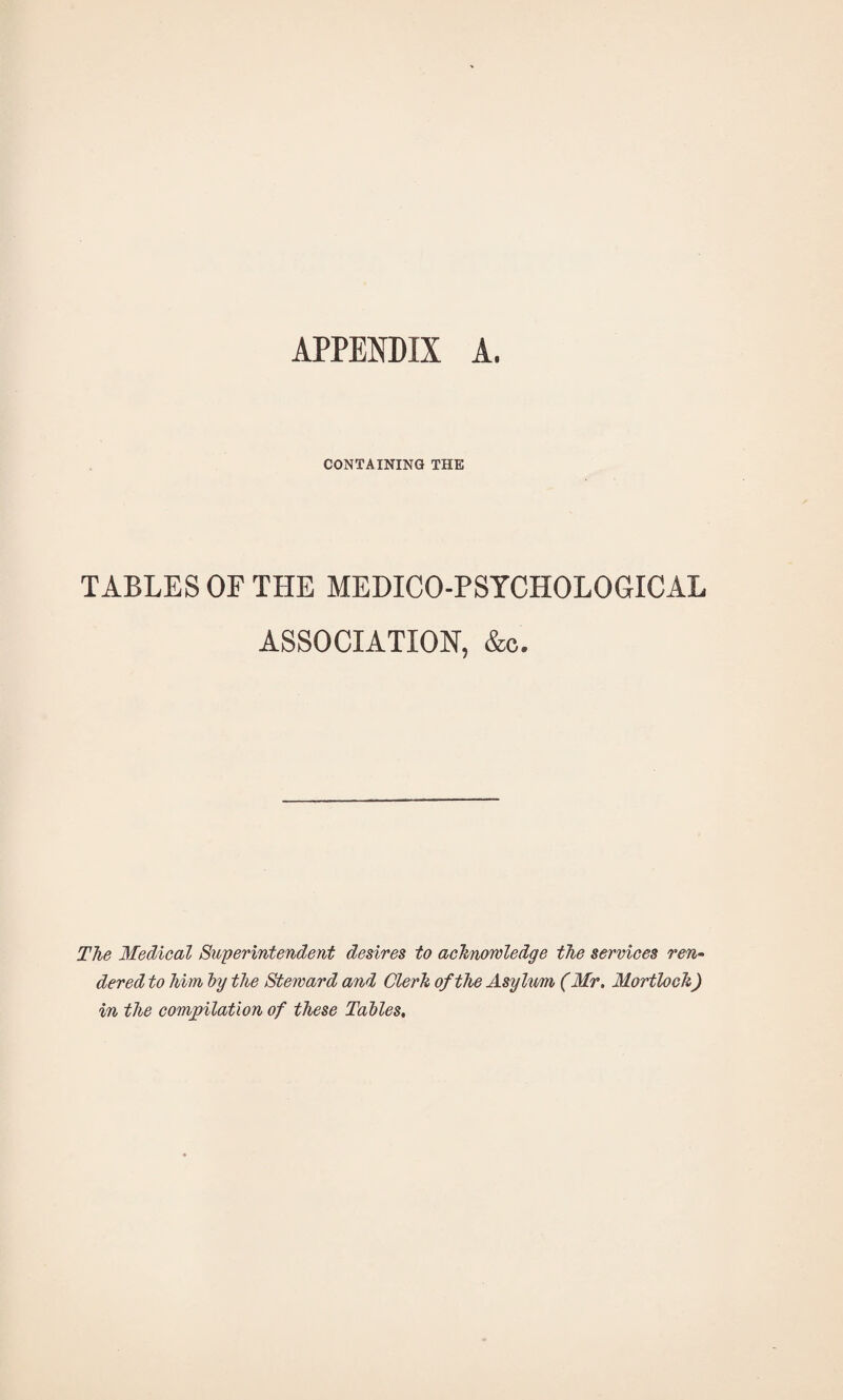 APPENDIX A. CONTAINING THE TABLES OF THE MEDICO-PSYCHOLOGICAL ASSOCIATION, &c. The Medical Superintendent desires to achnowledge the services ren¬ dered to him by the Steward and Clerh of the Asylum (Mr. Morthch) in the compilation of these Tables,