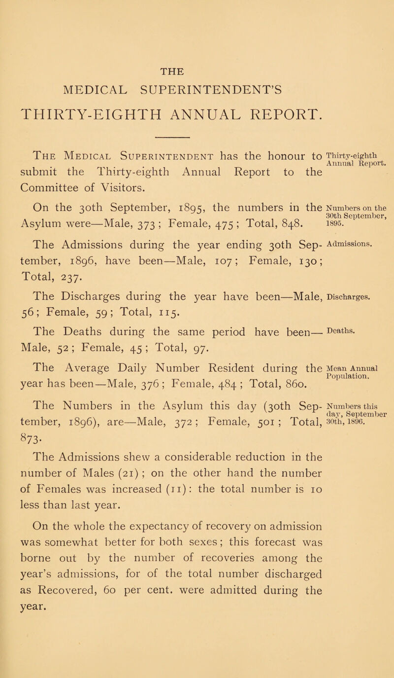 THE MEDICAL SUPERINTENDENT’S THIRTY-EIGHTH ANNUAL REPORT. The Medical Superintendent has the honour to Thirty-eighth Annual Report. submit the Thirty-eighth Annual Report to the Committee of Visitors. On the 30th September, 1805, the numbers in the Numbers on the 30th September, Asylum were—Male, 373 ; Female, 475 ; Total, 848. 1895. The Admissions during the year ending 30th Sep- Admissions, tember, 1896, have been—Male, 107; Female, 130; Total, 237. The Discharges during the year have been—Male, Discharges. 56; Female, 59; Total, 115. The Deaths during the same period have been— Deaths. Male, 52 ; Female, 45 ; Total, 97. The Average Daily Number Resident during the Mean Annual Population. year has been—Male, 376 ; Female, 484 ; Total, 860. The Numbers in the Asylum this day (30th Sep- Numbers this day, September tember, 1896), are—Male, 372; Female, 501; Total, 30th, i896. 873- The Admissions shew a considerable reduction in the number of Males (21) ; on the other hand the number of Females was increased (11): the total number is 10 less than last year. On the whole the expectancy of recovery on admission was somewhat better for both sexes; this forecast was borne out by the number of recoveries among the year’s admissions, for of the total number discharged as Recovered, 60 per cent, were admitted during the year.