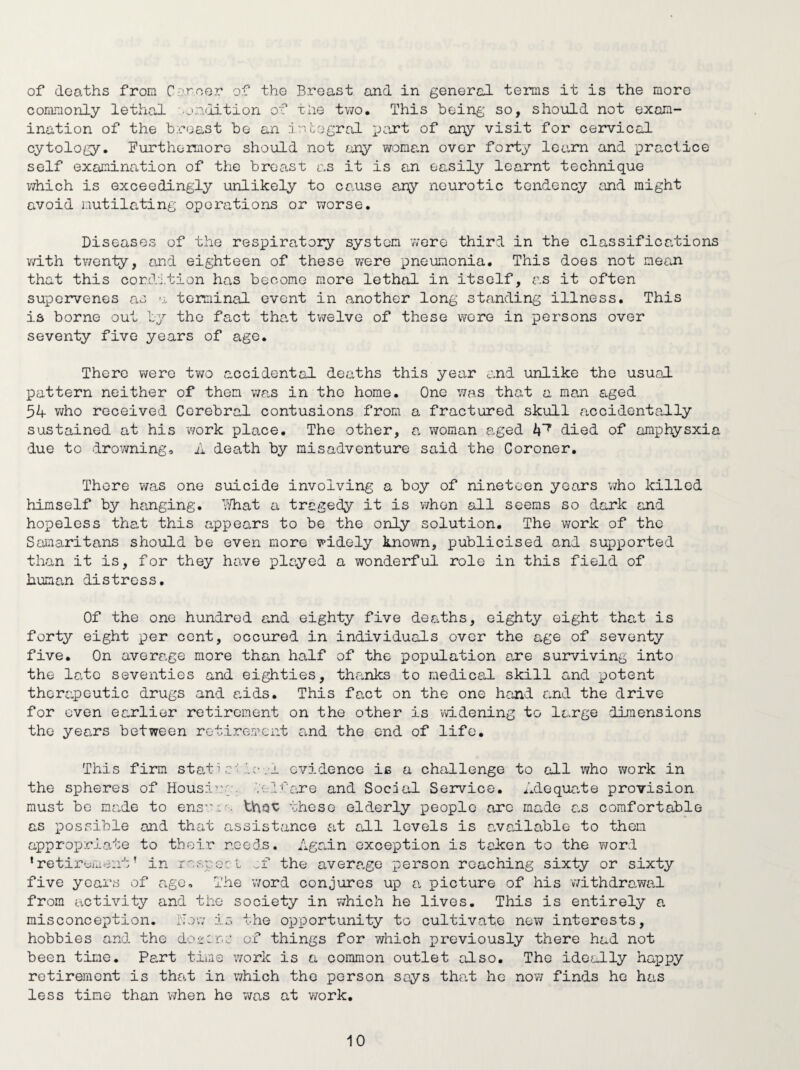 of deaths from Career of tho Breast and in general terms it is the more commonly lethal rendition of The two. This being so, should not exam¬ ination of the breast be an integral port of any visit for cervical cytology. Furthermore should not any Yeoman over forty learn and practice self examination of the breast as it is an easily learnt technique v/hich is exceedingly unlikely to cause any neurotic tendency and might avoid mutilating operations or v/orse. Diseases of the respiratory system 7/ere third in the classifications with tv/enty, and eighteen of these were pneumonia. This does not mean that this condition has become more lethal in itself, as it often supervenes as a terminal event in another long standing illness. This is borne out by tho fact that twelve of these wore in persons over seventy five years of age. There v/ere two accidental deaths this year and unlike the usual pattern neither of them was in tho home. One was that a man aged 54 who received Cerebral contusions from a fractured skull accidentally sustained at his work place. The other, a woman aged k'7 died of amphysxia due to drowning, A death by misadventure said the Coroner. There was one suicide involving a boy of nineteen years who killed himself by hanging. ‘That a tragedy it is when all seems so dark and hopeless that this appears to be the only solution. The work of the Samaritans should be even more widely known, publicised and supported than it is, for they have played a wonderful role in this field of human distress. Of the one hundred and eighty five deaths, eighty eight that is forty eight per cent, occured in individuals over the age of seventy five. On average more than half of the population are surviving into the late seventies and eighties, thanks to medical skill and potent therapeutic drugs and aids. This fact on the one hand and the drive for even earlier retirement on the other is v/idening to large dimensions the years between retirement and the end of life. This firm statl c' Ic . i evidence is a challenge to all who work in the spheres of Housing, '.'elfare and Social Service. Adequate provision must be made to ensri'. tings these elderly people are made as comfortable as possible and that assistance at all levels is available to them appropriate to their needs. Again exception is taken to the v/ord •retirement’ in respect ef the average person reaching sixty or sixty five years of age. The v/ord conjures up a picture of his withdrawal from activity and the society in which he lives. This is entirely a misconception. Now is the opportunity to cultivate new interests, hobbies and the dozens of things for which previously there had not been time. Part time work is a common outlet also. The ideally happy retirement is that in which the person says that he now finds he has less time than when he was at work.