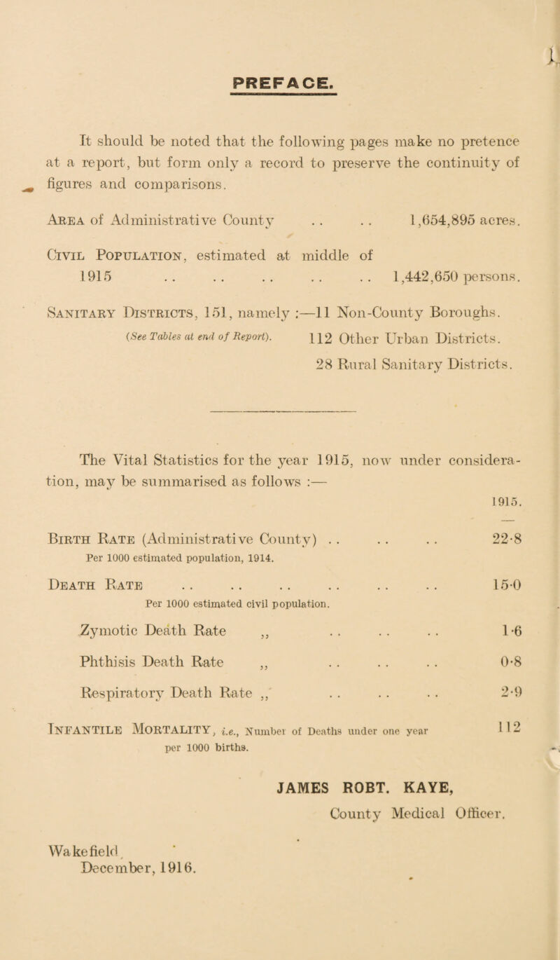 PREFACE. It should be noted that the following pages make no pretence at a report, but form only a record to preserve the continuity of figures and comparisons. Area of Administrative County . . .. 1,654,895 acres. Civil Population, estimated at middle of 1915 .. .. .. .. .. 1,442,650 persons. Sanitary Districts, 151, namely :—11 Non-County Boroughs. (See Tables at end of Report). \ \ 2 Other Urban Districts. 28 Rural Sanitary Districts. The Vital Statistics for the year 1915, now under considera¬ tion, may be summarised as follows :— ] 915. Birth Rate (Administrative County) . . . . . . 22*8 Per 1000 estimated population, 1914. Death Rate . . .. .. . . . . .. 15-0 Per 1000 estimated civil population. Zymotic Death Rate ,, .. .. .. 1-6 Phthisis Death Rate ,, . . . . . . 0*8 Respiratory Death Rate ,, . . . . . . 2*9 Infantile Mortality, u., Number of Deaths under one year 112 per 1000 births. Wakefield * December, 1916. JAMES ROBT. KAYE, County Medical Officer.