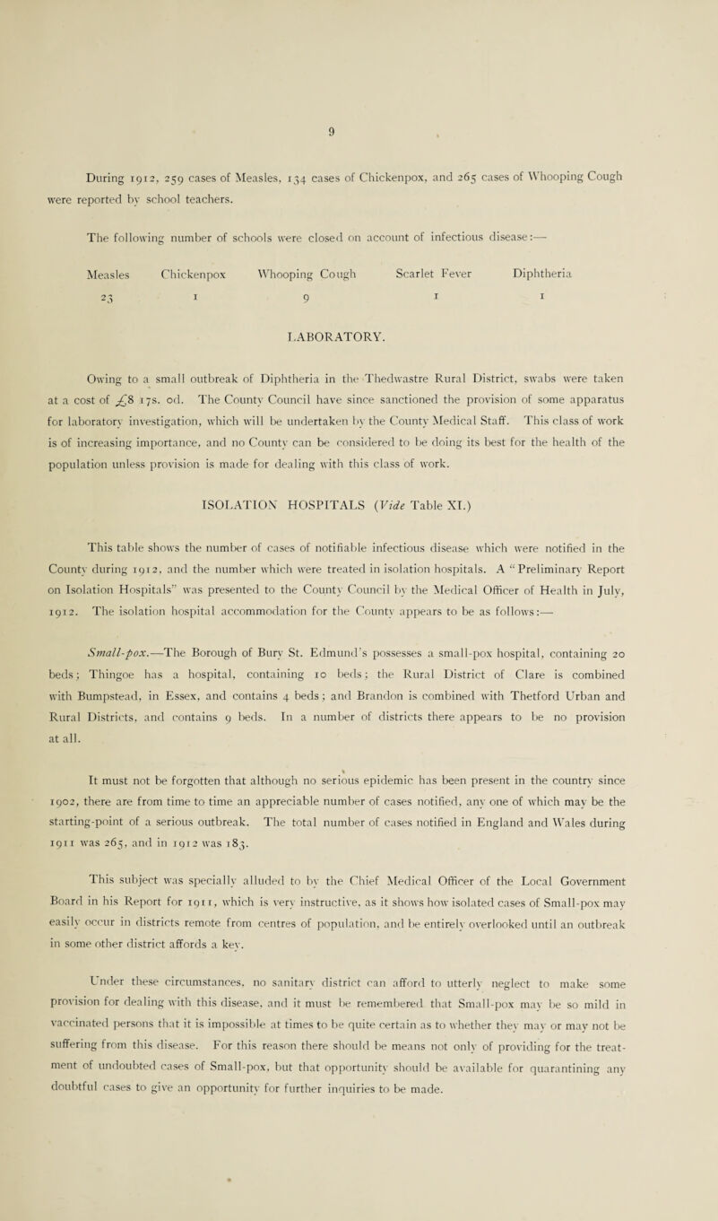 During 1912, 259 cases of Measles, 134 cases of Chickenpox, and 265 cases of Whooping Cough were reported by school teachers. The following number of schools were closed on account of infectious disease:— Measles Chickenpox Whooping Cough Scarlet Fever Diphtheria 2 3 1 9 1 1 LABORATORY. Owing to a small outbreak of Diphtheria in the Thedwastre Rural District, swabs were taken at a cost of £?> 17s. od. The County Council have since sanctioned the provision of some apparatus for laboratory investigation, which will be undertaken by the County Medical Staff. This class of work is of increasing importance, and no Countv can be considered to be doing its best for the health of the population unless provision is made for dealing with this class of work. ISOLATION HOSPITALS (Vide Table XI.) This table shows the number of cases of notifiable infectious disease which were notified in the County during ipra. and the number which were treated in isolation hospitals. A “Preliminary- Report on Isolation Hospitals” was presented to the County Council by the Medical Officer of Health in July, 1912. The isolation hospital accommodation for the County appears to be as follows:— Small-pox.—The Borough of Bury St. Edmund’s possesses a small-pox hospital, containing 20 beds; Thingoe has a hospital, containing 10 beds; the Rural District of Clare is combined with Bumpstead, in Essex, and contains 4 beds; and Brandon is combined with Thetford Urban and Rural Districts, and contains 9 beds. In a number of districts there appears to be no provision at all. It must not be forgotten that although no serious epidemic has been present in the country since 1902, there are from time to time an appreciable number of cases notified, any one of which may be the starting-point of a serious outbreak. The total number of cases notified in England and Wales during 1911 yvas 265, and in 1912 was 183. This subject yvas specially alluded to by the Chief Medical Officer of the Local Gor'ernment Board in his Report for 1911, yvhich is very instructive, as it shows how isolated cases of Small-pox may easily occur in districts remote from centres of population, and be entirely overlooked until an outbreak in some other district affords a kev. L nder these circumstances, no sanitary district can afford to utterly neglect to make some provision for dealing with this disease, and it must be remembered that Small-pox may be so mild in vaccinated persons that it is impossible at times to be quite certain as to whether they may or may not be suffering from this disease. For this reason there should be means not onlv of providing for the treat¬ ment of undoubted cases of Small-pox, but that opportunity should be available for quarantining any doubtful cases to give an opportunity for further inquiries to be made.