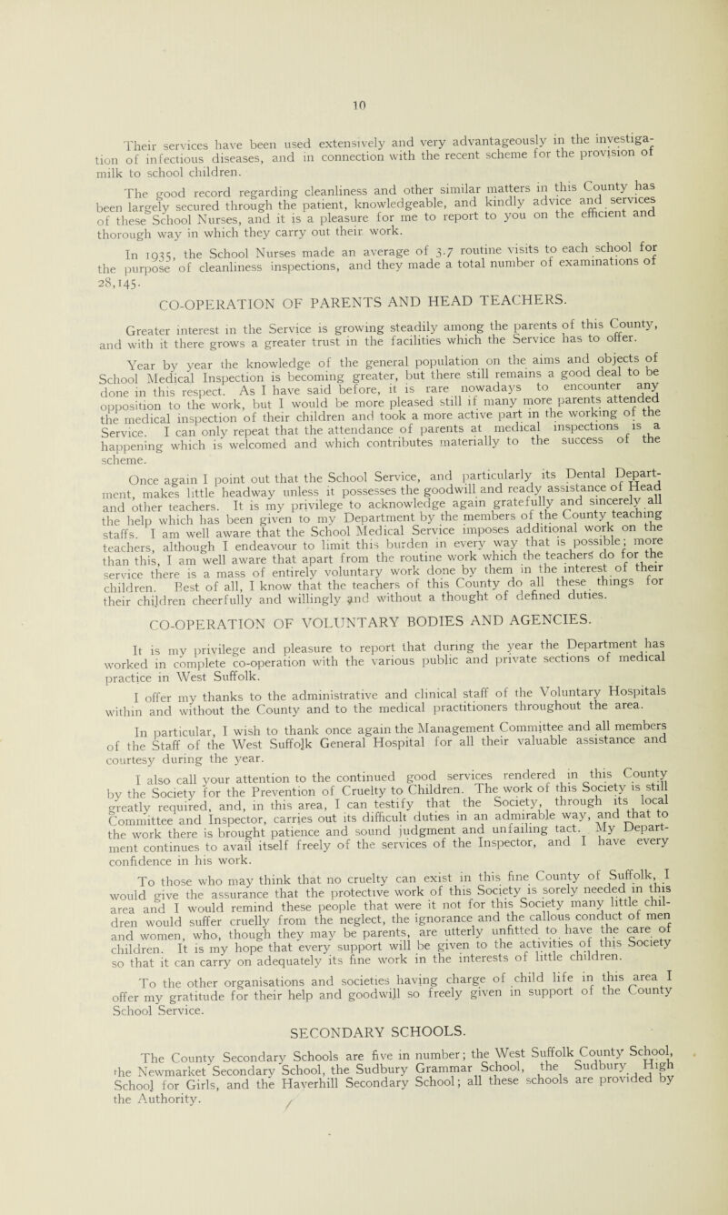 Their services have been used extensively and very advantageously m the investiga¬ tion of infectious diseases, and in connection with the recent scheme for the provision o milk to school children. The good record regarding cleanliness and other similar matters in this County has been largely secured through the patient, knowledgeable, and kindly advice and services of these School Nurses, and it is a pleasure for me to report to you on the efficient and thorough way in which they carry out their work. In 1935, the School Nurses made an average of 3.7 routine visits to each school for the purpose of cleanliness inspections, and they made a total number of examinations of 28,145. CO-OPERATION OF PARENTS AND HEAD TEACHERS. Greater interest in the Service is growing steadily among the parents of this County, and with it there grows a greater trust in the facilities which the Service has to otter. Year by year the knowledge of the general population on the aims and objects of School Medical Inspection is becoming greater, but there still remains a good deal to be done in this respect. As I have said before, it is rare nowadays to encounter any opposition to the work, but I would be more pleased still if many more parents attended the medical inspection of their children and took a more active part m the working of the Service. I can only repeat that the attendance of parents at medical inspections is a happening which is welcomed and which contributes materially to the success or the scheme. Once again I point out that the School Service, and particularly its Dental Depart¬ ment, makes little headway unless it possesses the goodwill and ready assistance of Head and other teachers. It is my privilege to acknowledge again gratefully and sincerely a the help which has been given to my Department by the members of the County teaching staffs I am well aware that the School Medical Service imposes additional work on the teachers, although I endeavour to limit this burden in every way that is possible; more than this, I am well aware that apart from the routine work which the teachers' do for the service there is a mass of entirely voluntary work done by them in the interest of their children. Rest of all, I know that the teachers of this County do all these things tor their children cheerfully and willingly ?.nd without a thought of defined duties. CO-OPERATION OF VOLUNTARY BODIES AND AGENCIES. It is my privilege and pleasure to report that during the year the Department has worked in complete co-operation with the various public and private sections of medical practice in West Suffolk. I offer my thanks to the administrative and clinical staff of the Voluntary Hospitals within and without the County and to the medical practitioners throughout the area. In particular, I wish to thank once again the Management Committee and all members of the Staff of the West Suffolk General Hospital for all their valuable assistance and courtesy during the year. I also call your attention to the continued good services rendered m this County bv the Society for the Prevention of Cruelty to Children. The work of this Society is still greatly required, and, in this area, I can testify that the Society through its local Committee and Inspector, carries out its difficult duties in an admirable way, and that to the work there is brought patience and sound judgment and unfailing tact. My Depart ment continues to avail itself freely of the services of the Inspector, and I have every confidence in his work. To those who may think that no cruelty can exist in this fine County of Suffolk, I would give the assurance that the protective work of this Society is sorely needed m this area and I would remind these people that were it not for this Society many little chil¬ dren would suffer cruelly from the neglect, the ignorance and the callous conduct of men and women, who, though they may be parents, are utterly unfitted to have the care of children. It is my hope that every support will be given to the activities of this Society so that it can carry on adequately its fine work in the interests of little children. To the other organisations and societies having charge of child life in this area I offer my gratitude for their help and goodwill so freely given in support of the County School Service. SECONDARY SCHOOLS. The County Secondary Schools are five in number; the West Suffolk County School, the Newmarket'Secondary School, the Sudbury Grammar School, the Sudbury High Schoo] for Girls, and the Haverhill Secondary School; all these schools are provided by the Authority. ,