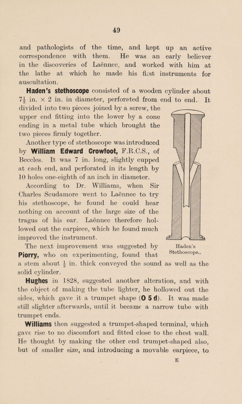 and pathologists of the time, and kept up an active correspondence with them. He was an early believer in the discoveries of Laennec, and worked with him at the lathe at which he made his first instruments for auscultation. Haden’s stethoscope consisted of a wooden cylinder about in. x 2 in. in diameter, perforated from end to end. It divided into two pieces joined by a screw, the upper end fitting into the lower by a cone ending in a metal tube which brought the two pieces firmly together. Another type of stethoscope was introduced by William Edward Crowfoot, F.R.C.S., of Beccles. It was 7 in. long, slightly cupped at each end, and perforated in its length by 10 holes one-eighth of an inch in diameter. According to Dr. Williams, when Sir Charles Scudamore went to Laennec to try his stethoscope, he found he could hear nothing on account of the large size of the tragus of his ear. Laennec therefore hol¬ lowed out the earpiece, which he found much improved the instrument. The next improvement was suggested by Piorr^f who on experimenting, found that a stem about \ in. thick conveyed the sound as well as the solid cylinder. Hughes in 1828, suggested another alteration, and with the object of making the tube lighter, he hollowed out the sides, which gave it a trumpet shape (0 5d). It was made still slighter afterwards, until it became a narrow tube with trumpet ends. Williams then suggested a trumpet-shaped terminal, which gave rise to no discomfort and fitted close to the chest wall. He thought by making the other end trumpet-shaped also, but of smaller size, and introducing a movable earpiece, to E Haden’s Stethoscope..