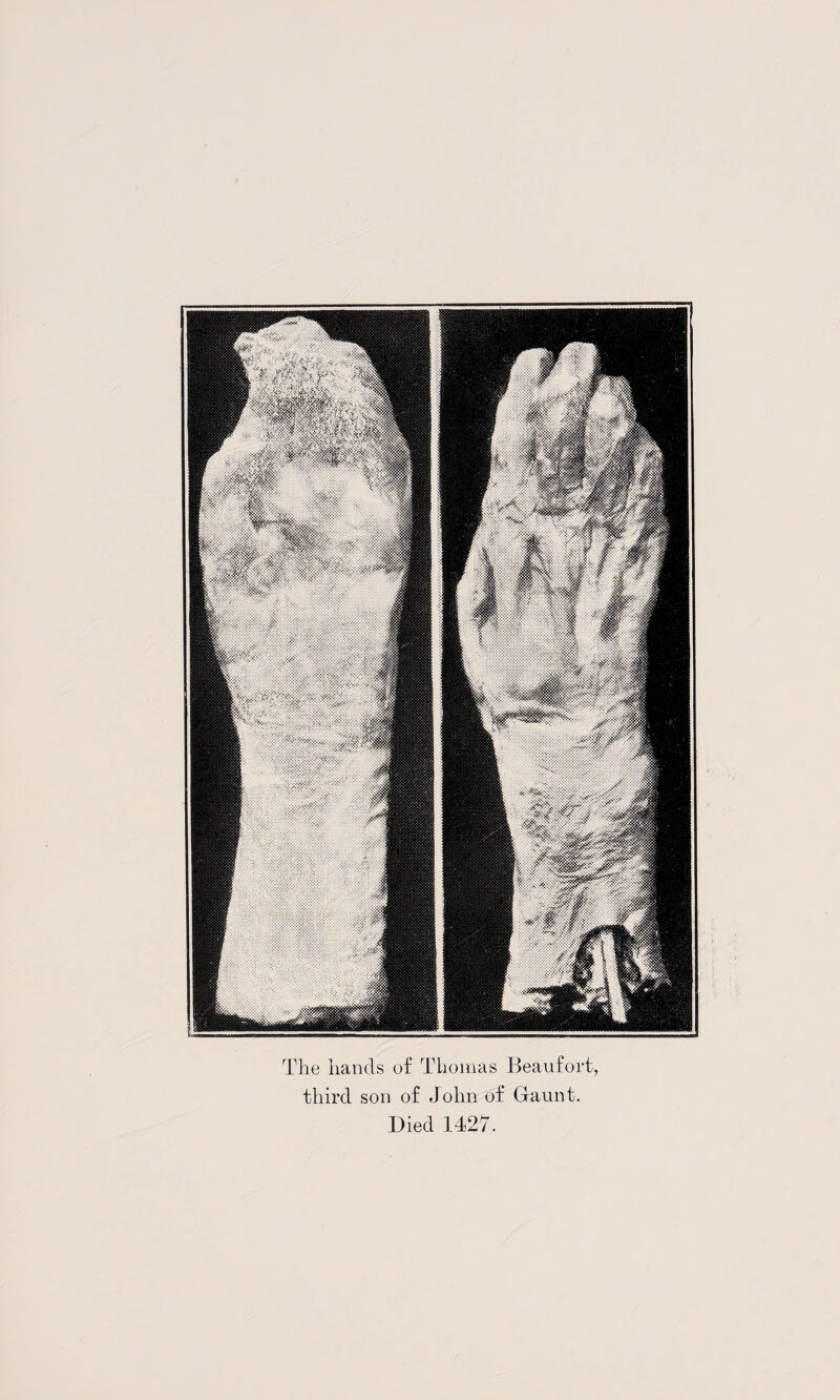 The hands of Thomas Beaufort, third son of John of Gaunt. Died 1427.