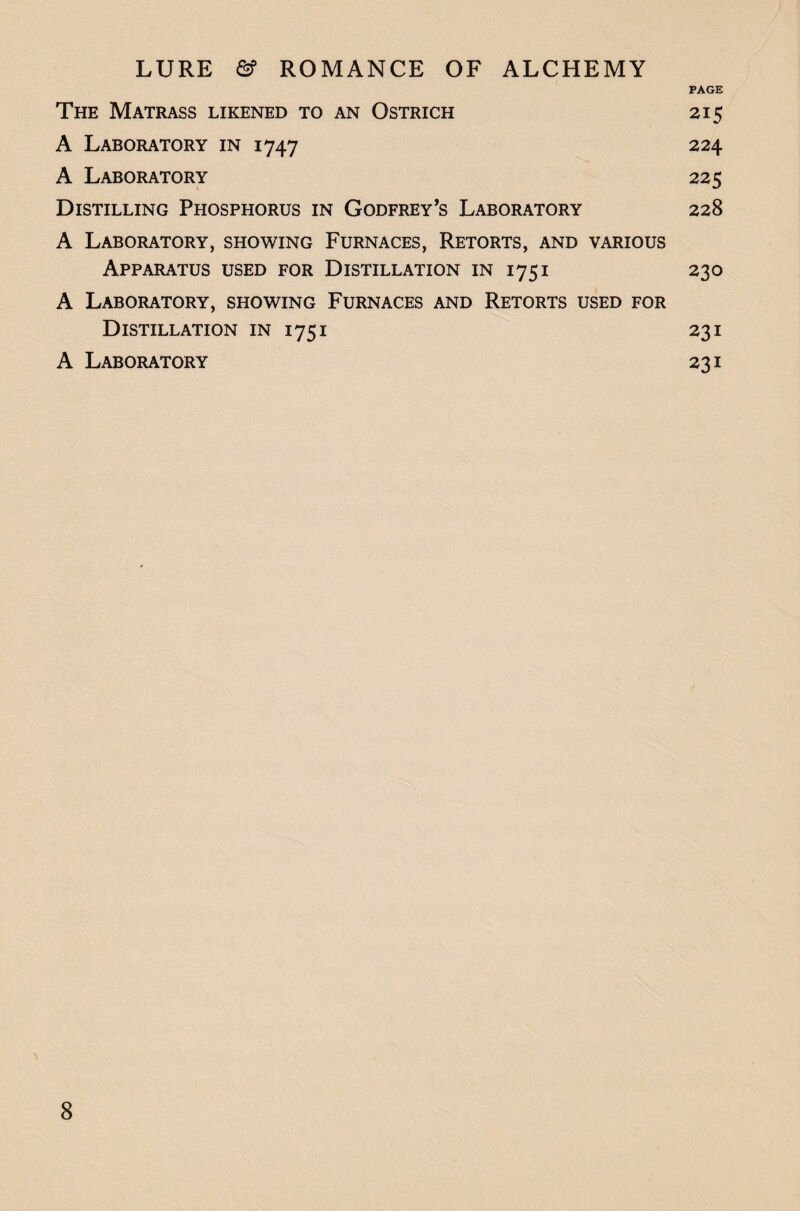 PAGE The Matrass likened to an Ostrich 215 A Laboratory in 1747 224 A Laboratory 225 Distilling Phosphorus in Godfrey’s Laboratory 228 A Laboratory, showing Furnaces, Retorts, and various Apparatus used for Distillation in 1751 230 A Laboratory, showing Furnaces and Retorts used for Distillation in 1751 231 A Laboratory 231