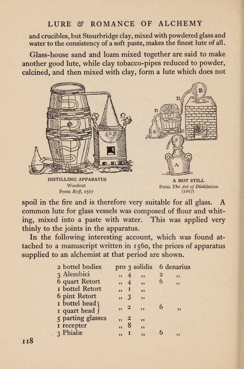 and crucibles, but Stourbridge clay, mixed with powdered glass and water to the consistency of a soft paste, makes the finest lute of all. Glass-house sand and loam mixed together are said to make another good lute, while clay tobacco-pipes reduced to powder, calcined, and then mixed with clay, form a lute which does not DISTILLING APPARATUS Woodcut From Ryff, 1567 (1667) spoil in the fire and is therefore very suitable for all glass. A common lute for glass vessels was composed of flour and whit¬ ing, mixed into a paste with water. This was applied very thinly to the joints in the apparatus. In the following interesting account, which was found at¬ tached to a manuscript written in 1560, the prices of apparatus supplied to an alchemist at that period are shown. 2 bottel bodies pro 3 solidis 6 denarius 3 Alembici » 4 >> 2 6 quart Retort » 4 >> 6 1 bottel Retort „ 1 >> 6 pint Retort 1 bottel headt >> 3 >> /. 1 quart head / >> 2 >> b 5 parting glasses „ 2 >> 1 recepter ,, 8 3 Phialae „ 1 >> 6