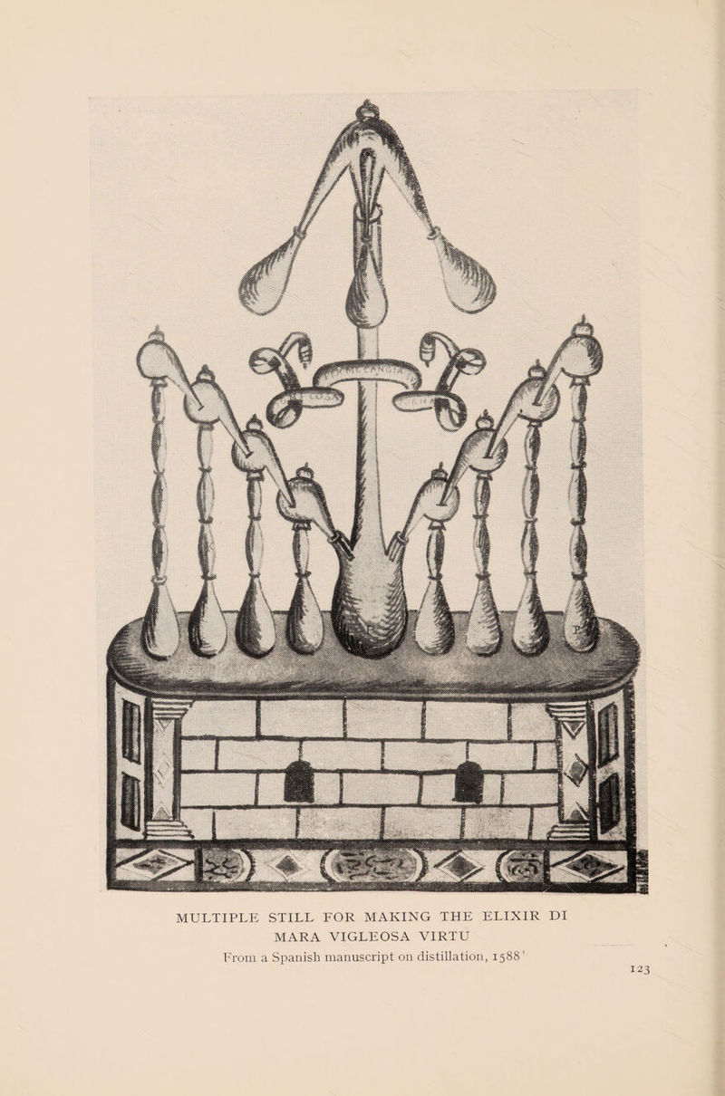 MULTIPLE STILL FOR MAKING THE ELIXIR DI MARA VIGLEOSA VIRTU From a Spanish manuscript on distillation, 15881
