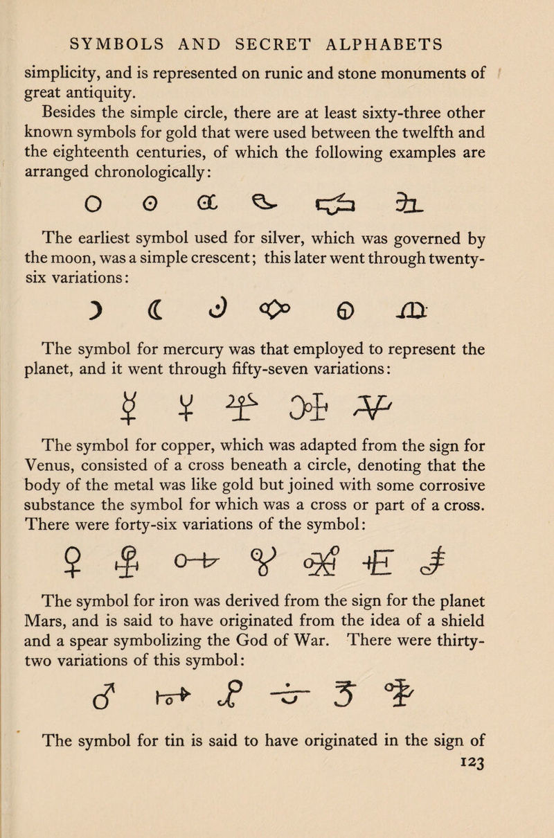 simplicity, and is represented on runic and stone monuments of great antiquity. Besides the simple circle, there are at least sixty-three other known symbols for gold that were used between the twelfth and the eighteenth centuries, of which the following examples are arranged chronologically: O 0 <X Qs- ch- The earliest symbol used for silver, which was governed by the moon, was a simple crescent; this later went through twenty- six variations: ) (L J O JXX The symbol for mercury was that employed to represent the planet, and it went through fifty-seven variations: 2 ¥ ¥ 3=i AP The symbol for copper, which was adapted from the sign for Venus, consisted of a cross beneath a circle, denoting that the body of the metal was like gold but joined with some corrosive substance the symbol for which was a cross or part of a cross. There were forty-six variations of the symbol: ? % V <3$ -£ c# The symbol for iron was derived from the sign for the planet Mars, and is said to have originated from the idea of a shield and a spear symbolizing the God of War. There were thirty- two variations of this symbol: cf hr*- I -ir 5 °f- The symbol for tin is said to have originated in the sign of