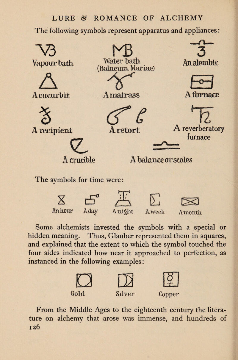 The following symbols represent apparatus and appliances: ~V3 Vapour balk A cucurbit M3 Water bath (Balneum Marias) It A matrass Afurnace % A recipient A crucible (f c A retort A reverberatory furnace A balance or scales The symbols for time were: X c5° M, E ES3 An hour Aday Anight A week Amonth Some alchemists invested the symbols with a special or hidden meaning. Thus, Glauber represented them in squares, and explained that the extent to which the symbol touched the four sides indicated how near it approached to perfection, as instanced in the following examples: Gold Silver m Copper From the Middle Ages to the eighteenth century the litera¬ ture on alchemy that arose was immense, and hundreds of