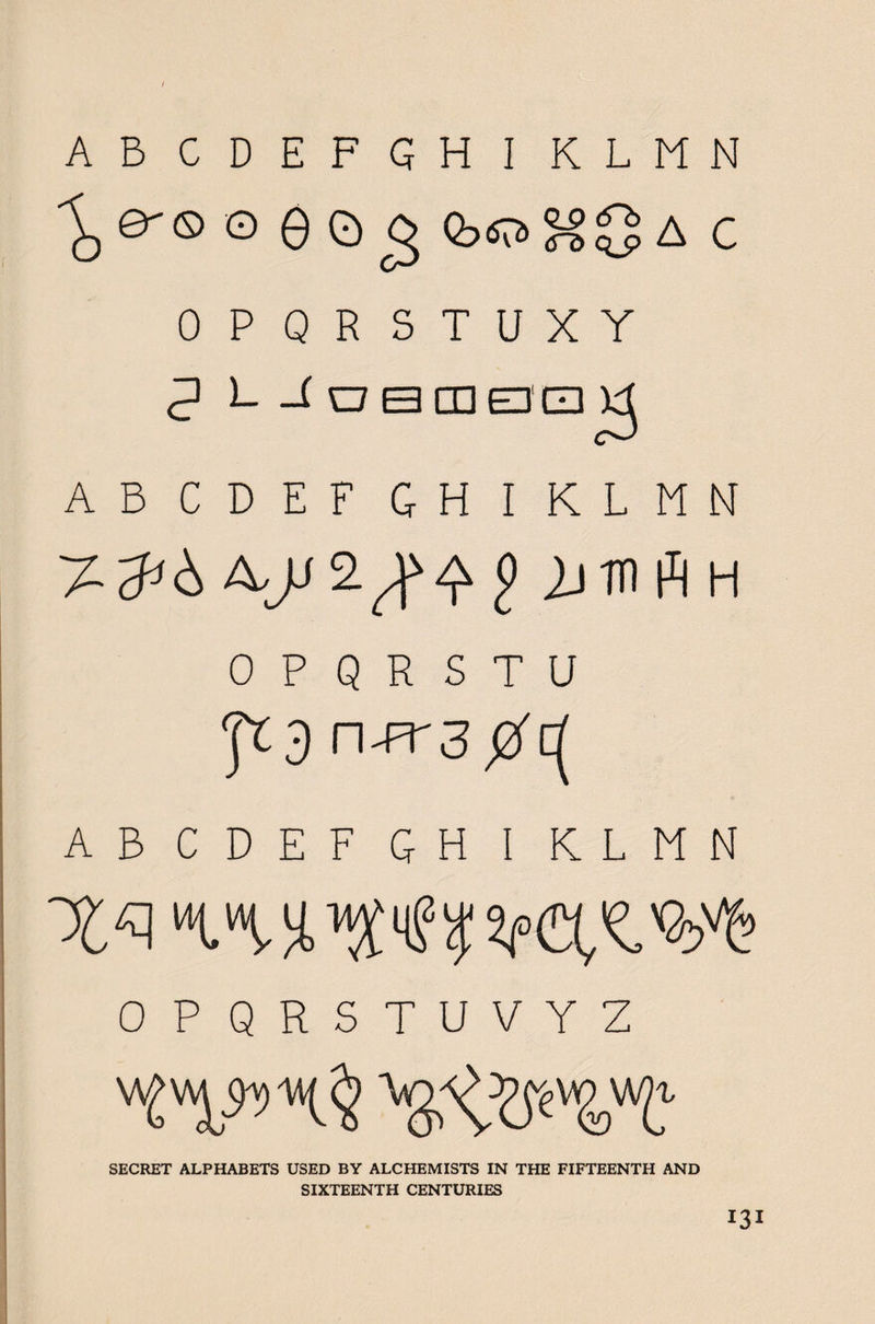 ABCDEFGHI KLMN ^©0603 C OPQRSTUXY P LJoamaQ^ AB CDEF G H I KLMN 7 ajjZ^q £ 2j in ft h O P Q R S T U n-FT3 0c( A B CDEF GH I KLMN OPQRSTUVYZ vi'Vv>n§ SECRET ALPHABETS USED BY ALCHEMISTS IN THE FIFTEENTH AND SIXTEENTH CENTURIES