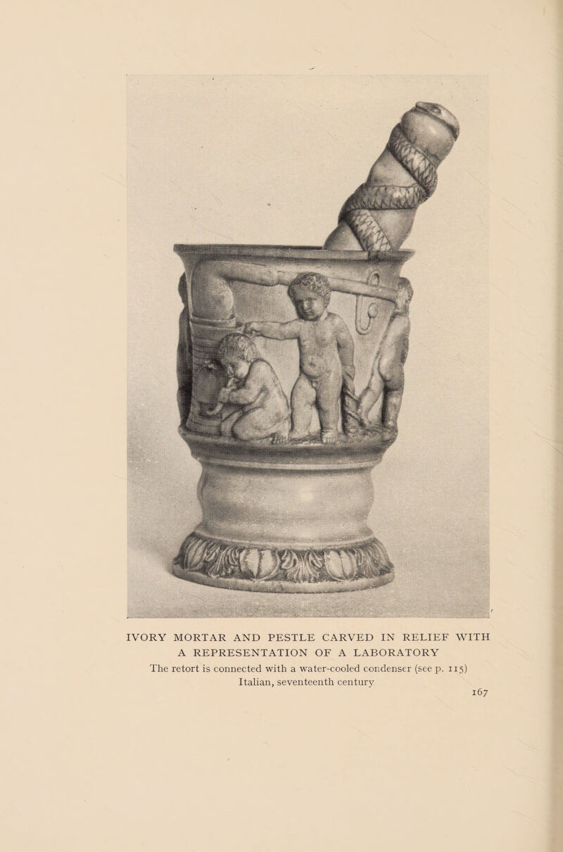IVORY MORTAR AND PESTLE CARVED IN RELIEF WITH A REPRESENTATION OF A LABORATORY The retort is connected with a water-cooled condenser (see p. 115) Italian, seventeenth century