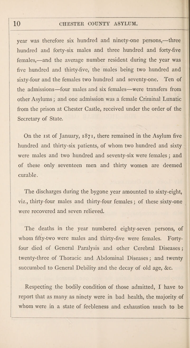 year was therefore six hundred and ninety-one persons,—three hundred and forty-six males and three hundred and forty-five females,—and the average number resident during the year was five hundred and thirty-five, the males being two hundred and sixty-four and the females two hundred and seventy-one. Ten of the admissions—four males and six females—were transfers from other Asylums 3 and one admission was a female Criminal Lunatic from the prison at Chester Castle, received under the order of the Secretary of State. On the 1st of January, 1871, there remained in the Asylum five hundred and thirty-six patients, of whom two hundred and sixty were males and two hundred and seventy-six were females; and of these only seventeen men and thirty women are deemed curable. The discharges during the bygone year amounted to sixty-eight, viz., thirty-four males and thirty-four females; of these sixty-one were recovered and seven relieved. The deaths in the year numbered eighty-seven persons, of whom fifty-two were males and thirty-five were females. Forty- four died of General Paralysis and other Cerebral Diseases; twenty-three of Thoracic and Abdominal Diseases; and twenty succumbed to General Debility and the decay of old age, &c. Respecting the bodily condition of those admitted, I have to report that as many as ninety were in bad health, the majority of whom were in a state of feebleness and exhaustion much to be