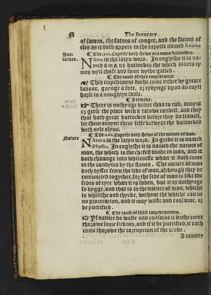 Bute tociico. yV >£» mature of famon> tbefafnesof congee, and tbefafnes of eles as it Dot2| appere in tbe capptle named Reuma C &()e.i4?*£aprtlc Dot!) C^etue of a mans buttoc&es. NAtes is tbe iacpn ujo;o ♦ 3|n engipfbe tc is na¬ med a m a ns buttoebes cbe tofjtcb Diuecs tp mes ujpU cljafe and fome toplbe galled ♦ C &IK caufc of tljis impraiment ®)is impediment dotbe come eitbec bp greate labour, gopugeafote, ojrpdpngedponaueupU bo?fe in a nougbtpe faole* Cactmeop* t3r Cbcre is notbpnge better than to rub, anoput c} grefe tiic place tmtb a talotoe candell, and tbep that batb great buttoebes before tbep Dotrauell, let tbeinanopnt them felfcbettopjcetbe buttoebes foitb opleolpue* C ^f)c.i46*cappt!e Doth (fcetoe of t&c nature of maru Atura is tbe latpn toojd* Ju grebe it is named l^phyiis. Jinengipfbe it is nameo tbe nature of tnan,tbetobu;b istbecbefeftblodetnman, and it dotbebaunge into tobiteuelfe toban it Doth come in tbe cunbptes bp tbe (tones ♦ Cb* nature of man Doth bpffer from tbe fede of man,altbougb tbcp be comuncted togptber,fo? tbe feoe of man is libe tbe fedesofrpee tobanittsfoden, but ittsnotbpnge fo bpgge,ano that is in tbe nature of man, tobicbe is tobittfbe and tbpebe, foitbout tbe tobicbe can be no p?ocrcacion, and it map vualte and confume, o; beputrified. <E m caufe of t&cfc impe&imcntes. *5* £f nature do toafte and confume it Dotbe come tbo jotoe fome ficbnes,and tf it be putcified,it Doth come tbojotoe tbe cojrupcion of tbe diode * % remeop 4 »