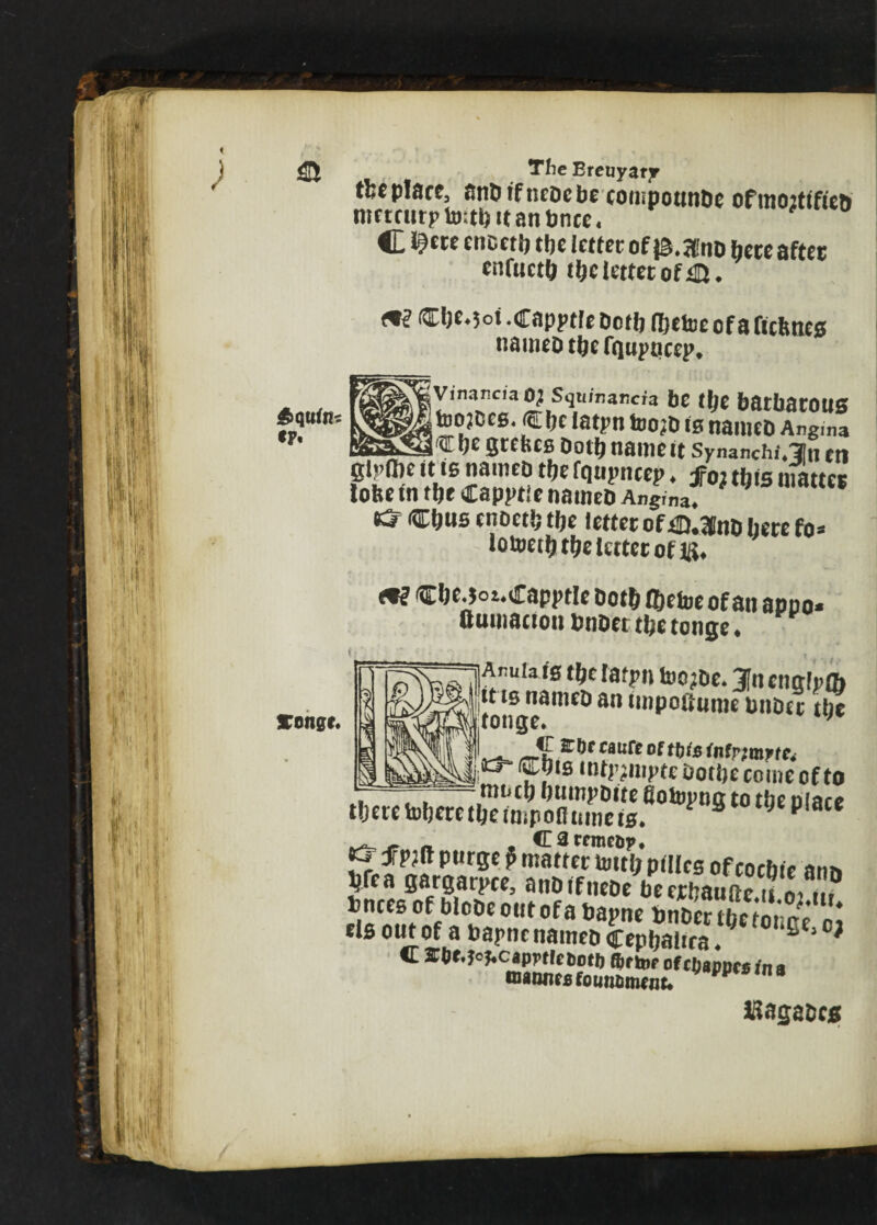 The Breuyaty Replace, anDifneDebe compounDe ofmortlfteft mercurptmtbttanbnce* C *?ere encetb tbe letter of jg.a'nD here after enfttetb tbe letter of £ft. ironge. W^5ot .Capptfe Doth fl&ctue of a fiebnes nameD tbefqupqcep* J Vinancfa Squinancra be (fje batbatOUS tropes. (^Lbc latpn too?D is nameD Angina ™u^=»«e grebes Doth name it synanChi\in eti gipfl)e it ts nameD tbe fejupneep♦ jfoi this matter lobe tn tbe Capptfe nameD Angina* & Cb«s moetb tbe letter of 4D.$nD here fo* lotoetb tbe letter of Cbe.5oz*CapptIe Doth fl)efoe of an appo* fiumacton bnDet tbe tonge ♦ |Anuia.i0 tbe latpn foo^De. 3fn encrfpth toifge^111^ an lmP°**ume &w&ee tbe iL C roe caufc of this (nfpmrte, ® ?** intp^mpte Dotbe come of to tt.t< Wm,SS5S”£“.‘““'‘’S “ •* „ - _ Carrmefcy, S * Wff Pwr8e P ntatter tmtb pMes ofcocbic arm bfea gargarpee, anDifneDe beejrbanfte*u ttr bnces of blobe out of a bapne Sneer tbeS * *ls out of a bapnc names Cepbalira. >c? C 2rbM<*c«p«rt6ot& (brtor ofcljappcstna inaniiesfotmaroent. T ISflgaDCtf