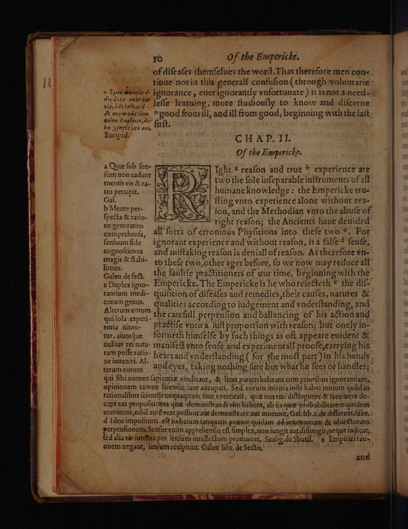of difeafes themfelues the worft. That therefore men cons. tinue rioria this generall confufion(.through \voluntarie o Sut ample d- jonOratice , ever ignorantly vnfortunate ) tc isnot aneed- i ow ‘ oD sy LPO WAN KES i : . ; Vin thiohorg. lefle learning, more ftudioufly to: know and difcerne a Qua fub fen- 1 Teht # reafon and true &gt; experience are fum non cadunt } a a RABY SSK: Ly.| two the fole infeparable inftraments of all tio percipit, y E&gt; | humane knowledge: the kmpericke eru- Gal, ¢ INA VES¢:| fling vnto experience alone without rea- b Mente per- ) RSENS | fon, and the Methodian vnto the abufe of fpecta &amp; ratio- ig tet ne generatim right reafon; the Ancietits haue deuided comprehenta, all forts of erronious Phyfitions into thefe two *. Fort fenfuumfide ignorant experience and without reafon, isa falfe? fenfe; cognofcimus and tmiftaking reafon is deniall ofreafon. As therefore vn- limite, &amp; ftabi- to thefe two, other ages before, fo we now may reduce all Galen de fee, the faulcie practitioners of our time, beginning with the ¢Duplexiono- Empcericke.. The Empericke is he whoreieéteth © the dif- rantium medi- quifition.of difeafes and remedies,their caules, natutes &amp; corumgenus. qualities according to judgement and ynderitanding, and Alterum eorum a , bares ; 24 . , iy } fea folsexpet: the carefull perpenfion and ballancing of his a€tionand cotia nitun- Praetife ynto‘a. iult proportion withreafon; but onelyin- tur, aiuntque formeth himfelfe by fuch things as oft, appeare enident &amp; nullius rei natu- manife(t ynto fenfe and experimentall proofe,carrying his ram polle ratio- heartand vnder{tandine( for the moft part )in hishands ne inveniri. Al- D ‘4 ; Pie a and eyes, taking nothing fure but wharhe fees or handles; qui fibi nomen {apientiz. vindicant, :&amp; ‘liger paremhabeant cum prioribus ignorantiam,, opinionem tamen {cientia: june aucupati.. Sed. eorum in{citia. inde habet initium quodio rationalibus {cientijs nequagiiam funt exercitati ; qua nosrite diftinguerd &amp; fecernere do- cept eas propofitiones quae demoriftrandi vim habent, ab ijs que ‘probabilitatem quidem continent, nihil autéverr poffunt aut demonfteare-aut inudnire; Gak hb.a.de different.fébr. d [deo impofitum..¢lt iudiciam-tanquam praetor quidam ddioucntorum,&amp; obieGorum: perpenfionem, Senfusenim apprebenfio cft fimplex,oon iungit aur difiungirsneque iudicar, fed alia vas intefna per fenfam intellectum promouet, Scalic.de Sbutl. ‘e¢ Empiricitati- onemnegant, lenfumrecipitine. Galen libr, de Sectis, .