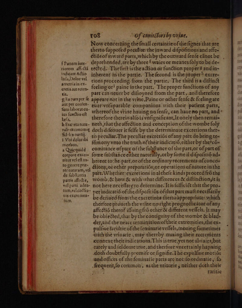Now concerfing the {mall certaintieofthefignes that are therto fuppofed peculiar: the inward difpofitions and sffc- étidsofinward parts,which by the outward fenfe canot be ¢Partemiote- deprehended,are by three £ waics or meanesfolyto be de- riorem aff: tected. Thefirit isthe aQion or function proper’ andin- hla sataoien inherent inthe’ partie, Thefecond is the proper excre- ana tions proceeding from the partic. The thitd isa difting cretisautretene feeling’or! paine inthe part. The proper functions of any tis, part can neuer be difioyned from the part, and therefore g Ea pars per f€: appeare not in the vrine,Paine or other fenfe &amp; freling are aut pet conten- ey eriynfeparable companions with their patient parts, se ape Okait whereof the vrine hauing no fenfe, can. haue no part, and ' er therefore therein al{o is vnfignificant, Inonely then remai- hExeetanam- neth,that theaffedtion and conception ofthe wombe foly talisceconomg dorh difeoucr itfelfe by the determinate excretions thers conn to peculiar. The peculiar excretids afany patt do bring te- KS Himony vnto the truth of theirindicatié;either by the#co= a Quicquidé cOomitance ofparr of the fubftance of the part,or of part of corpore excer= fome fubftance either naturally,orby Jome il difpofitid ade niturveleftto- herent to:he-partjorofthe ordinary recrements ofconcas Xs coil Ah? Aions; or other preparatidsjor. operationsiof nature in the de fobftentia Parts Whechersexctetions in abthefe kinds proceed fr6 the partisafeae, womb,&amp; how &amp; with what differences &amp; diltinctionsit is vel parti adna- not hereneceffary ro determine. Ités {ufficiét chat thepro- tumvelcotlia&gt; ner indicatiSuofthe difpofitiés ofthat paremult neceffarily 5 A niet be detiued fromthe excretions therta appropriate: which its therfore proucth the vrinenowtght prognofticatorofan affcQis cherof iffuing fr6 other’ &amp; different veflels, Itma be:obieSted, that by the contiguity of the wombe 8 blad- der,and the neare terminationioftheir cxtremities,the ex- pulfiue factiltic of the {eminarie veflels,mouing fometimes swith the vrinaric 4 nvay thereby :mizing their recrements connexe theirindications. This istrue,yetnot alwaies,but rarely andicldome true, andtherfore vneertainly hapning doth:doubtfully premife or ignifie.1 he expulfiue motids and offices of the:feminatie parts are not foordinatie, fo raritie ————————————————