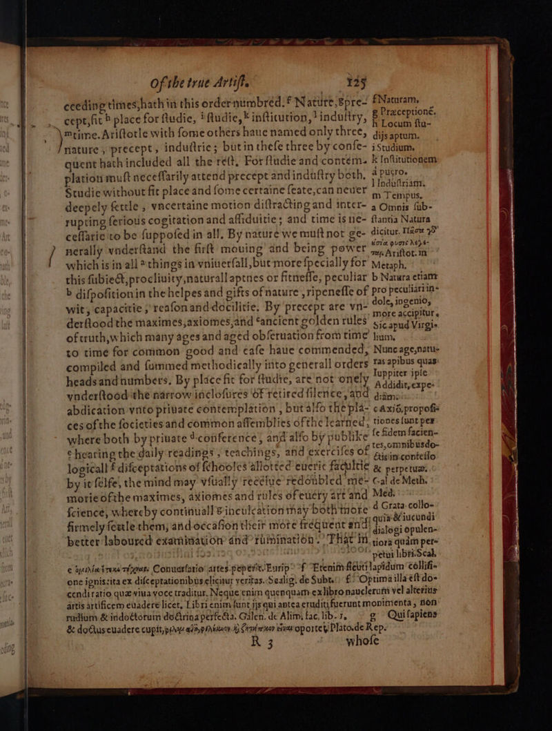 » ceeding times,hath in this order numbred.? Nature,Bpre- fNamuram, cept, fit » place for ftudie, iftudie, * infticutton,induftry, satis ces ote with fome others haue named only three, pacing nature , precept, induftrie; butin thefe three by confe- jstudium. quent hath included all the re(t. For Audie and contém. &amp; Inftitutionem plation muft neceffarily attend precept and induftry both, ‘ Piste Studie without fit place and fome certaine feate,can never Rapa deepely fettle , vacertaine motion diftracting and inter- , Oisais (hb: rupting ferious cogitation and af_fiduitie: and time is 1e- ftantia Natura ceffaric to be fuppofed in all, By nature we muft not ge- dicitur. Maes 2° nerally vnderftand the firlt mouing and being power ma erithoe ae which is in all *things in vniverfall, but more {pecially for Metaoh, this fubie&amp;t,procliuity,naturall aptnes or fitneffe, peculiar b Natura etiam b difpofitionin the helpes and gifts of nature , ripenefe of Pro peculiartin- wit, capacitie , reafonand docilitie. By precept are vn- Se I et derflood the maximes,axiomes,and ‘ancient golden rules SRS Aisa ; ; &gt; “&gt;? Sic. apud Virgie of truth,which many ages and aged obferuation from time jum, to time for comimon good and cafe haue commended, Nuncage,natu- compiled and fummed methodically into generall orders ™* apibus quas: headsandnumbers. By place fit for ftudie, are not onely aces Lie vaderftood the narrow inclofures Of retired filence, and giam, on abdication ynto private contemplation , butalfo the pla- caxié,propof ces ofthe focietiesand common afflemblies ofthe learned, tioocs {unt per where both by priuate ‘conference, and alfo by publike (c fidem facien- ehearing the daily readings , teachings, and exerciles haiomniardee logicall f difceptations of fchooles allotted eueric fadultie a perpetuat, by ie felfe, the mind may vitially reediue redotbled me- Gal de Meth. morie ofthe maximes, axiomes and riles ofeucry art and Med. fcience, whereby continual] Binculcation may both tnote 4 Grata collo~ firmely feetle them; and o¢cafion their mote frequent and! pepe amt ay ieee mn mote ireque it anu) dialogi opulen- better labourcd examination dnd riiination Phat M. ora quam per- | sd hl z petal libri Scab, @ yintatrens reves: Conuarfatio’ artes peperit. Eurip? °f “ErenitAebtilapidum ‘collifi- one igniszita ex difceptationibuselicitur veritas. Sealig. de Subt. £/ “Optima illa ¢ft do- cendiratio qu viua voce traditur. Neque enim quenquam-exlibronauclerum vel alterits artis artificem evadere licet, Libri enim funt jjs qui aptea eruditifuerunt monimenta, non: rudium &amp; indodétorum doGrina perfeéta. Galen. de Alim, fae, lib- 7. e Qui fapiens &amp; doCuscuadere cupit, pry adi iNhtooy. ky Cam miter eives OPOITE tiPlato.de Rep. R 3 whofe