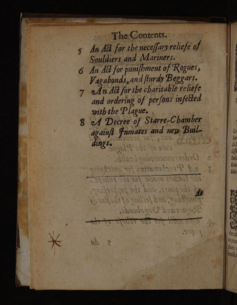 ~~ Phe-Gontents.: ec: 5 An AG for the neceffary reliefe 0, Souldiers and Mariner. 6 An AG for puniſhment of Rogues, Vagabonds, and flurdy Beggars. 7 An Add forthe charitable reliefe and ordering of perfons infetlea with the Plague. | 8 ‘ef Decree of Starre-Chamber again Fumates and nem Buil- ing.