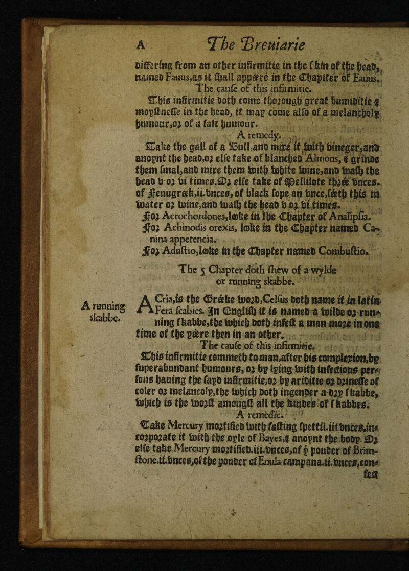 a The re marie A tunning skabbe. differing from an otter infirmitt'c in (to f kin of tbe teat,, named Fauus.as it taal! nppare in fbe Chapiter of Eauus. The caufe of this infirmitie. ICW« infirmitie soft come Kjojougb great bamioiifie 9 mogllr.cdi in tbe bead, it mag come alfo of a melancbolg humour,0; of a fait tumour. ' : , A remedy. , Cake tbe gall of a ISulhand mire ittoitb i)tneger,8n0 anopnt tfce bead,o; elfe take of blancbeD Almons, 9 grinds them final,and mire tbem toitb lobife tome,ana toafb tbe beao b o; bi times,©; elfe take of ^ellilote tb;® bnees. of Jfenugrak,ii.bnce0, of black tape an bnce.f&tb this It); toater 0; mine,ano luaSb tbe beab b 0; bi times, if0; Acrochordones,lfflke in tbe Chapter of Analipfla. ifo; Achinodis orexis, lake in tbe Chapter named Ca* nina appetencia. ifo; Aduftio,imke in the Chapter named Combuftio, The j Chapter doth fliew of a wyldc or running skabbe. ACria,is the <E5r®ke tuo;D,Celfus Ootb name it in tatfn Fera fcabies. jn Cinglitt) it is nameO a toilDeo; run* ning fkabbe.tbe tobicb doth infett a man mo;e in one time of the g&re then in an other. The caufe of this infirmitie. SEbis infirmitie commetb toman,after bis complerion,bp fnperabunoant humours, 0; bp Iptng toitb infectious per* fotis baaing tbe Tape mfirmif ie,o; be ariditie 0; o;inelfe of color 0; metanco'p.tljc tobicb Doth ingender a d;p fkabbe, tobicb is the ioo;lt among® all the fcindes of f habbes. • A remedie. 1 Cake Mercury modified tottb fatting fpettil.iiidnees,in« eo;po;afc it toitb {be ogle of Bayes,* anognt tbe bong. ©; elfe take Mercury mo;fified.iii.bnccs,of p ponder of Brim- ftone.ii.bnces,of tbe ponder of Enula campana.u.fiHces,eon« fea