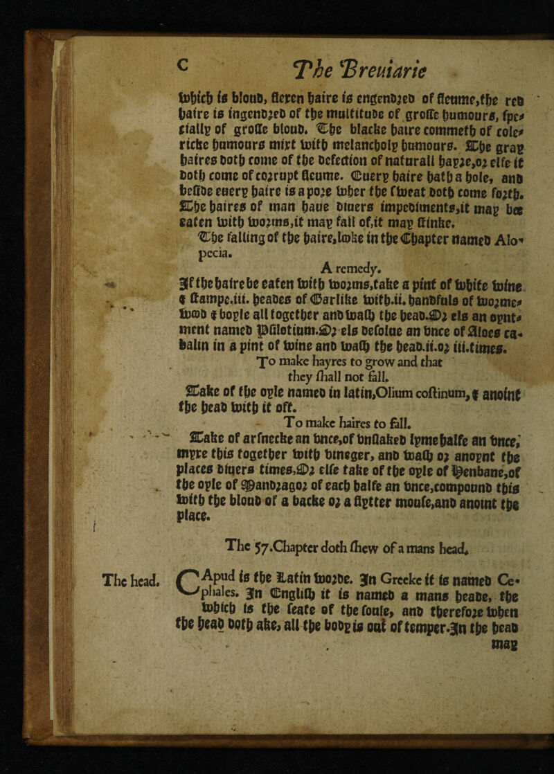 • -a ?v The head. c The Trent arte tobicb is blouD, fleren batre is engensjeo of fleam?,fbe res baire is tngcnO’fO of the mulfituDc ofgroffc tumours, fpc=> flatly of groffe blouD. Ctje blacks batre cornmef b of cole* ricks tumours mirt toitb melancholy tumours. 2Ct)e gras bairss bolt corns of tbs Defection of naturali bay;e,o; elfs it Dotb come of corrupt Seume. ffiucry baire tat t a bole, anD betiae euery baire isapoje tobsr fbe ftoeat ootb tome fo;tb. £Cbe baires of man baue Dtuers impesiments,it may bee eaten toitb toojrns.it may fall of,it may Binke. Cbe falling of tte baire.lmke in tbe Chapter nameD Alo¬ pecia. A remedy. Bff tbe baire be eaten toitb toojms.take a pint of tubite tofne « ttampc.iii. beaoes of Carlike toitb.ti. bansfuls of toojme* Ujcod eboyle all together anDtoaQ) tbe teao.C; els an eynt* ment names pQ!ottum.2);els oefolue an bnce of aioes ca- baltn in a pint of mine ano tuatb tbe beas.ii.oj iii.times. fo make hayres to grow and that they fhall not fall. Sake of tbe oyle names fn Iatin,01ium coftinum,f anoint tbe teas toitb it off. To make haires to fall. Cake of arfneckean bnce,of bnflakes Ipmebaife an bnce; myre this together toitb btneger, ano toatb o; anoynt tbe places Diners times,©j elfe take of the oyle of penbane,of tbe oyle of ©anDjagoj of each balfe an bnce.compouns this toitb tbe blons of a backe o; a flytter moufe.ans anotnt tbe place. The 57,Chapter doth thew of a mans head, Apud is fbe Eatin toojsc. Jn Greeke ft Is names Ce- v^/phales. jn Cnglitb it is names a mans beaoe, tbe tobkb Is tbe feate of tbe foale* ano therefore toben tbe beas both afee> ail tbe bosyi* out of temper.Sn tbe beao • man
