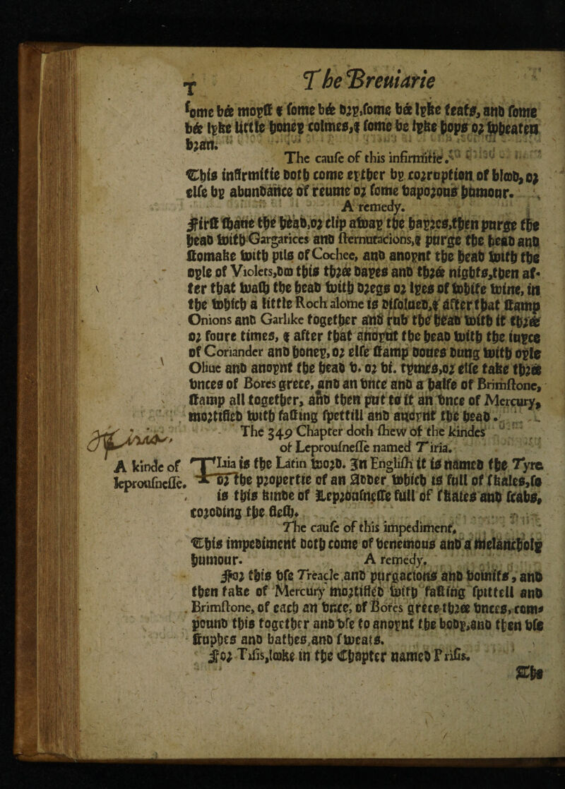 _ » (ome bee mosff «feme b& top,fome bde Ipfec teat*, anb feme b& Ipbe little bones colmes,f fome be Igbe bops o; tobeaten b;an. - The caufe of this infirmities Cbfo inffrmifte both come either bp coemption of blab, o; elfo bs abanbdnce of reume o; fome bapo;ons bnmour. A remedy. beab toitb Gargarices atlO ftemutacions,? purge tfte Iteab and Comabe tottb pits of Cochee, ano anoint tbe beab toifb the ogle of Violets,bm this tb;« bases ano tbjte nigbfs,tben af¬ ter that toafo tbe beab toitb o;egs o; tpes of tobife tcine, in tbe tobicb a little Roch alome is bifolaeo,$ after that Camp Onions anb Garhke together anb mb tbe beab toitb it tbetfe o; fonre times, f after tbat anoput tbe beab toitb tbe iugee of Coriander anb boneg, o; elfe Camp bones bung toitb ogle Oliue anb anopnt tbe beab b. o; bi. tgmrs,o; elfe tabe tfeee bnces of Bores grece, anb an bnre anb a balfe of Brimftone, Camp all together, anb tben put to it an bnce of Mercury, mo;tifieb toitb feCing fpettili anb anoint tbe beab. X The 349 Chapter doth (hew of the kindes of Leproufnefle named Tiria. A kinde of rT^t« fbe Latin teO’D. 3n Engliih it iS namtO fbe Tyre. ’irojlbe pjopertie of an acter tobicb is full of f bales,fo is this iunbe of lepfoafnetfe full of f bates anb Cabs, cojeoing f be fleib. The caufe of this impediment, Cbis impediment botb come of benemons anb a melanrbolg bumour. A remedy. ifa; this bfe Treacle ano pprgacfons ano boinffs, anb tben tabe of Mercury mo;tiffeb toitb facing fpitfell anb Brimftone, of each an bnce, of Bores gretetfcee bnces, com# ponnb tbis together anb bfe to anopnt tbe boog,ano then bfe Cnpbcsano batbes.anoftocais. , jo; Tifis.iofee in tbe Chapter nameb F rifis. ffb# . r , ■ ' ' - ' t ■ ■ feproufncfle. /