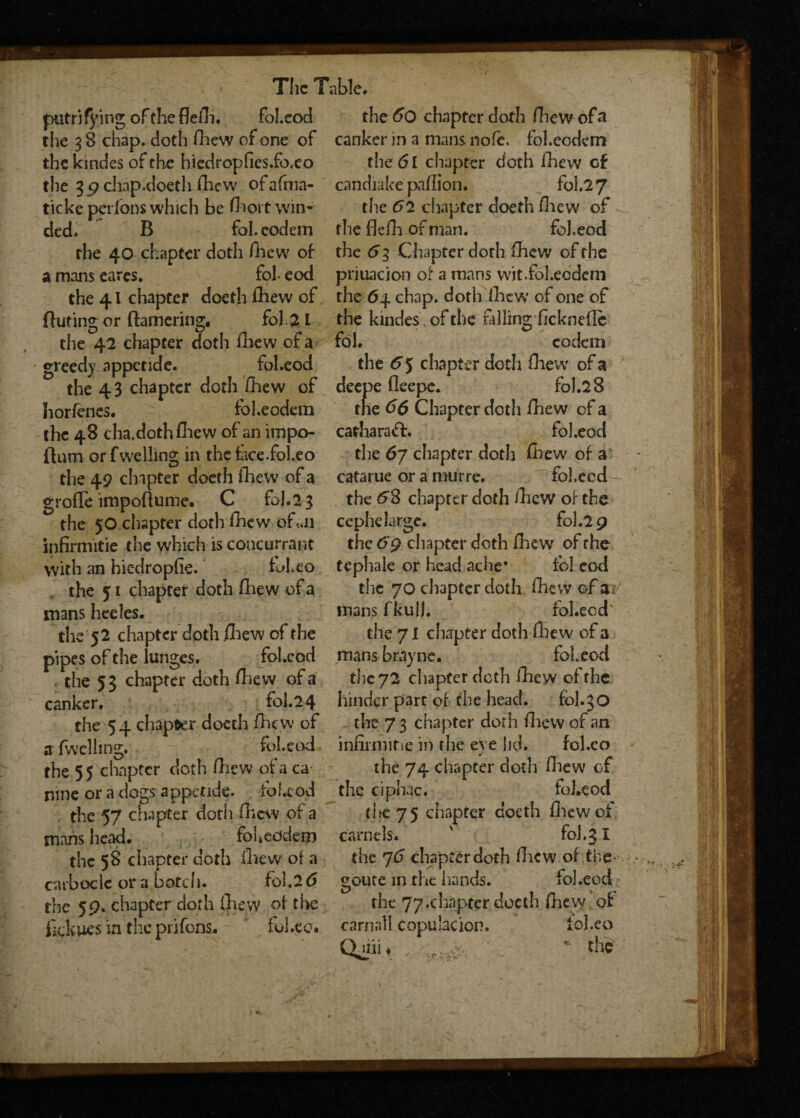 - > ' The Table. putri Tying of the flefh. fol.eod the 5o chapter doth fhew of a the 3 8 chap, doth fhew of one of canker in a mans note, fol.eodem the kindes of the hiedropfies.fo.eo rlie <51 chapter doth fhew cf the 3 g chap.doetli fliew ofafma- candiake paflion. fol.27 ticke perlons which be fhoit win* the 52 chapter doeth fhew of ded. B fol.eodem the flefh of man. fol.eod rhe 40 chapter doth fhew of the 63 Chapter doth fhew of the a mans eares. fol eod priuacion of a mans wit.fol.eodem the 41 chapter doeth fliew of the 64 chap, doth fhew of one of fluting or flamering. fol. 21 the kindes, of the filling fickneflc the 42 chapter doth fhew of a fol. v eodem greedy appetide. foheod the 6 5 chapter doth fhew of a the 43 chapter doth fhew of deepe fleepe. fol.28 horfenes. fbl.eodem the 66 Chapter doth fhew of a the 48 cha.dothfhew of an impo- catharaft. fol.eod flum or fwelling in the lace.fol.eo the 67 chapter doth fhew of a the 49 chapter doeth fhew of a catarue or a murre. fol.eod grofle impoflume. C fol.2 3 the 58 chapter doth fhew of the the 50.chapter doth fhew oft.n cephelarge. fd.29 infirmitie the which is concurrant the 69 chapter doth fhew of the with an hiedropfie. fol.eo tephaie or head ache* fol eod the 51 chapter doth fhew of a the 70 chapter doth fhew of a* mans heeles. mans fkulj. fol.eod the 52 chapter doth fliew of the the 71 chapter doth fhew of a pipes of the lunges. fol.eod mans brayne. fol eod . the 53 chapter doth fhew of a the 72 chapter doth fhew of the canker. fol.24 hinder part of the head. fol.30 the 54 chapter doeth fhew of - the 7 3 chapter doth fhew of an a fwelhng. fol.eod infirmitie in the eye lid. fol.eo the 55 chapter doth fhew of a ca the 74 chapter doth fhew of nine or a dogs appetide. ibleod the ciphac. foheod the 57 chapter doth fhew of a ti re 75 chapter doeth fhew of mans head. foleddem camels. ' fol.31 the 58 chapter doth fliew of a the 76 chapter doth fhew of the- • ^ carbocle or a botch. fol.2 6 goute in rhe hands. fol.eod the 59. chapter doth fliew of the the 77.chapter doeth fliew of ilckues in the prifons. fol.eo. carnall copulacion, fol.eo Qjiii ♦ . ,r.,v<. *■ the