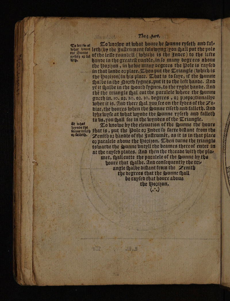 ~ — — — * > — * pa * — a — — ee — — „ — — See Ri AI A a — Me.; art. Ce kuste at To knoſwe at what houre he Sunne rpleth and kal⸗ . leth (by the Inſtrument kolswyng ) pou (hall put the pole eyterg es fat of the lee roundell (whiche is the Inder) to the lefte eth. hande in the greateſt rundle, info many degrees abone the Dozízon , in howe many degrees the Pole is rapſed in that lande oꝛ plate. Then put the Triangle (which is the Hoꝛizon) in his place. That is to ſape, if the Sunne halbe inthe Noꝛth (panes, put it to the left bande. And pk it ſhalbe in the South ſygnes, to the ryght bande. And the the triangle fal cut the paralele where the Hunne goeth in. 10, 02. 20. 02. 30. degrees „ 02 pꝛopoꝛtionallpe wher it is. And there Hal. pou fee on the ſydes of the Zo: diat, the houres when the Sunne riſeth and falleth. And | lpke wyſe at what wynde the Sunne rpfeth and falleth to vs, vou ſhall fee in the wyndes of the Triangle. St eie To knolwe by the eleuation ok the Sunne the houre funaecitety that is, put the Pole 02 Inder lo karre diſtant from the o kalieth. Zenith oꝛ handle of the Inſtrumẽt, as it is in that place oꝛ paralele abone the Hoꝛizon. Then turne the triangle towarde the Sunne vntyll the beames thereof enter in at the rapſed plates. And then the thꝛeade with the plo⸗ met, hall cutte the paralele of the Sunne by the houre that chalbe. And conſequentip the tri⸗ angle ſhalbe diſtant from the Zenith the degrees that the Sunne Hall. be rapſed that houre aboue the 1 (ot