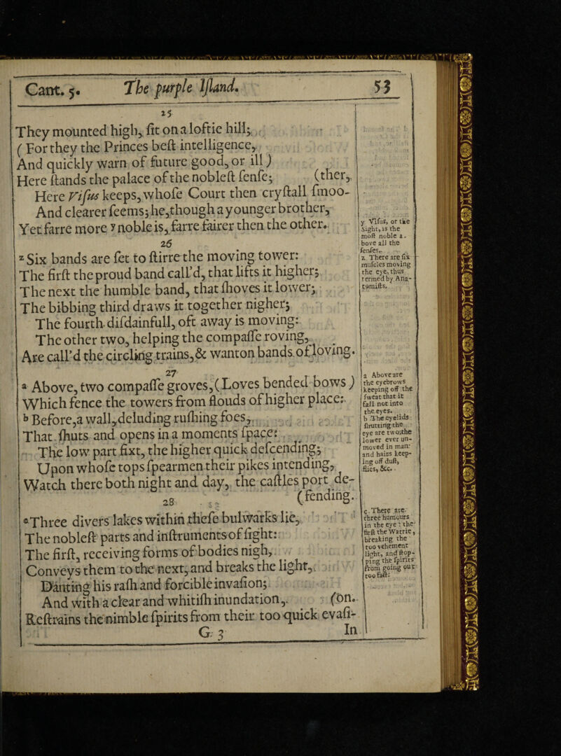 »5 They mounted high, fit on a loftie hill; ( For they the Princes beft intelligence, And quickly warn of future good, or ill) Here hands the palace of the nobleft fenfe; (ther, Here Vi fa keeps, whofe Court then cryftall fmoo- And clearer feems; he,though a younger brother, Yetfarre more y noble is, farre fairer then the other.. 2 6 zSix bands are fet to ftirre the moving tower: The firft the proud band call’d, that lifts it higher; The next the humble band, that fhoves it lower; The bibbing third draws it together nigher; The fourth, difdainfull, oft away is moving: The other two, helping the compafle roving, _ Are call’d the circling trains,& wanton bands.of loving. 27 »■ Above, two compafte groves,(Loves bended dows ) Which fence the towers from flouds of higher place; b Before,a wall,deluding ruHiing foes. That lhuts and opens in a moments fpace: The low part fixt, the higher quick defcending; Upon whofe tops fpearmentheir pikes intending. Watch there both night and day, the caftles port de- 2S (fending. * Xhree divers lakes within thcl'e bulwarks lie. The nobleft parts and inftrumentsof fight: The firft, receiving forms of bodies nigh. Conveys them to the next,and breaks the light, . Darning his ralh and forcible invafion; And with a clear and whitilhinundation,. (on. Reftrains the nimble fpirits from their too quick evafi- G; 3 In y Vlfus, or the Sight, is the mofl noble a. bove all the fenfes.- z There are fix mufcles moving the eye, thus termed by Ana- tomifts. a Aboveare the eyebrows keeping off the fweat that it fail not into the eyes, b The eyelids fiTUtting the eye are two;.the lower ever un¬ moved in man: and hairs keep¬ ing off duftj flies, &c. ■ c. Ther? are- three humours in the eye 1 the* firft the Watrie, breaking the too vehement light, and tap¬ ping the fpirits from jj^oing out too fat