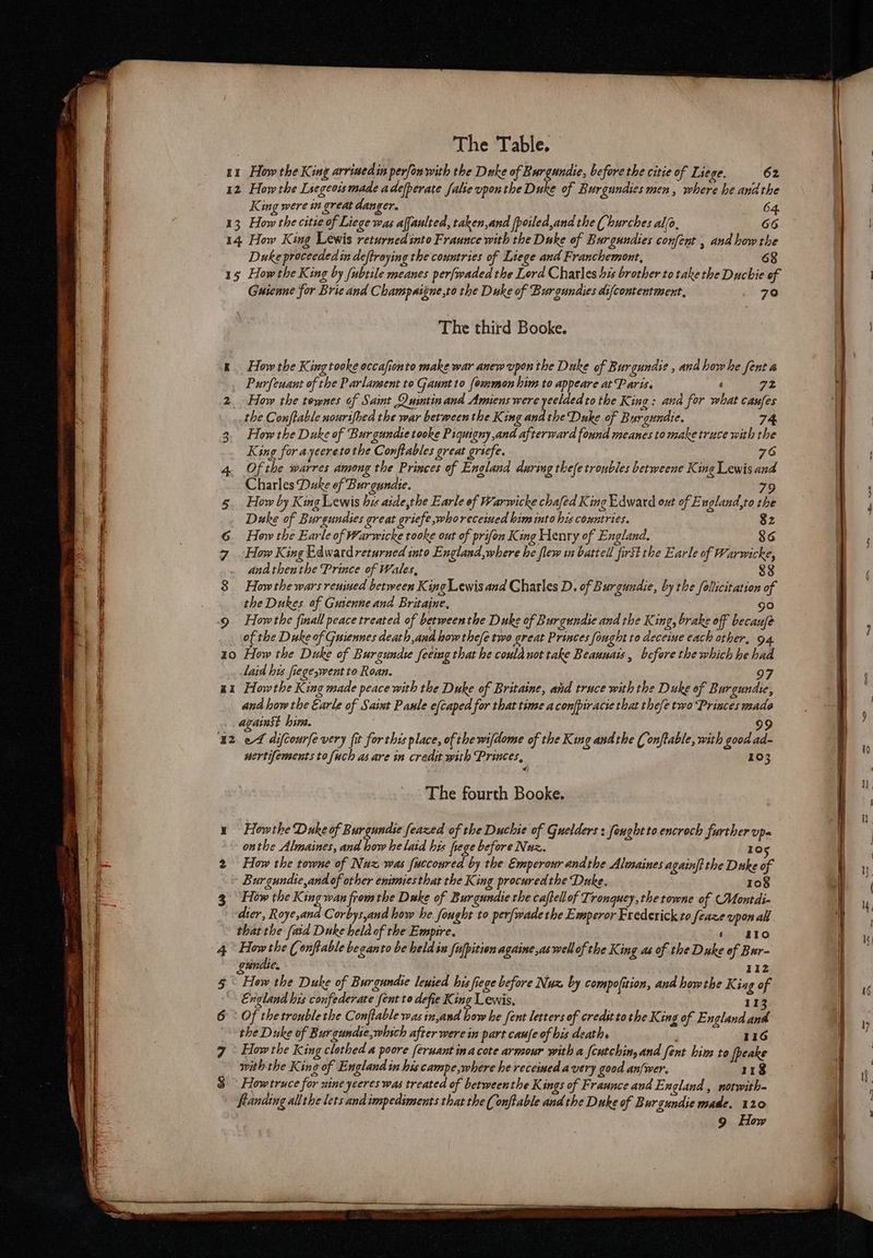 11 How the King arvinedin perfonwith the Duke of Burgandie, before the citie of Liege. 62 12 Howthe Liegeois made adefperate falie vponthe Duke of Burgundies men, where he andthe King were in great danger. 64, 13 How the citie of Liege was afjaulted, taken,and [poiled,and the ( hurches alo, 66 14 How King Lewis returned into Fraunce with the Duke of Burgundies confent , and how the Duke proceededin deftreying the countries of Liege and Franchemont, 68 15 How the King by fubtile meanes perfwaded the Lord Charles bis brother to take the Duchie of Guienne for Brie and Champaigne to the Duke of Burgundies difcontentment, 70 The third Booke. How the Kingtooke occafionto make war anew upon the Duke of Burgundie , and howhe fent a Purfeuant of the Parlansent to Gaunt to {oxmmon him to appeare at Paris. ‘ 72 _ How the townes of Saint Quintinand Amiens were yeeldedto the King: ana for what canfes the Conftable nourifbed the war between the King andthe Duke of Bur gundie. How the Duke of Burgundie tooke Piquigny and afterward found meanes to make truce with the King for ayeeretothe Conftables great grsefe. 76 Of the warres among the Princes of England during the(e troubles betweene King Lewis and Charles Dake of Burgundie. 79 How by King Lewis his aide,the Earle ef Warwicke chafed King Edward ont of Eugland,to the Duke of Burgundies great griefe, whoreceiued him into his countries. $2 6 Howthe Earle of Warwicke rooke out of prifon King Henry of England. 86 7 How King Edwardreturned into England where he flew tn battell first the Earle of Warwicke, anatheuthe Prince of Wales, 88 8 Howthe wars reuined between King Lewis and Charles D. of Burgundie, by the fellicitation of the Dukes of Gusenne and Britaine, | 90 How the finall peace treated of between the Duke of Burgundie and the King, brake off becaufe of the Duke of Guiennes death,and how the/e two great Princes fought to deceiue each other, 94, 10 How the Duke of Burguadie fecing that he could not take Beaunais, before the which he had laid his fiege,went to Roan. 97 ax Howthe King made peace with the Duke of Britaine, and truce with the Duke of Burgundie, and how the Earle of Saint Panle efcaped for that time acon|piracie that thefe two Princes made against him. 99 42 ef difcourfe very fit for this place, of the wifdome of the King andthe ( onftable, with good ad- uertifements to fuch as are in credit with Princes, 103 Vf The fourth Booke, Howthe Duke of Burgundie feazed of the Duchie of Guelders : feughttoencroch further Upa onthe Almaines, and how he laid his fege before Naz. 105 How the towne of Nux was fucconred by the Emperour andthe Almaines againf} the Duke of Burgundie andof other enimiesthat the King procuredthe Duke. 108 How the King wan fromthe Dake of Burgundie the caftellof Tronquey, the towne of (Montdi- dier, Roye,ana Corbysyand how he. fought to perfwade the Emperor Frederick to feaze upon all that the (aid Duke held of the Empire. * aro be the (onftable beganto be heldin fufpition againe,as well of the King as of the Duke of Bur- cunate. 112 “How the Duke of Burgundse leuied his fiege before Nuz by compofition, and howthe King of England his confederate fent to defie King Lewis, 113 Of the trouble the Conftable was in,and how he fent letters of creditto the King of England and the Duke of Burgundie,whsch after were in part caufe of his death. ’ 446 How the King clothed a poore feruant ina cote armour with a cutchin, and fent him to Jpeake with the King of England in his campe,where he receined avery good anfwer, 113 How truce for sine yeeres was treated of betweenthe Kings of Fraunce and England, notwith- Randing allthe lets and impediments that the ( onftable andthe Duke of Burgundie made. 120